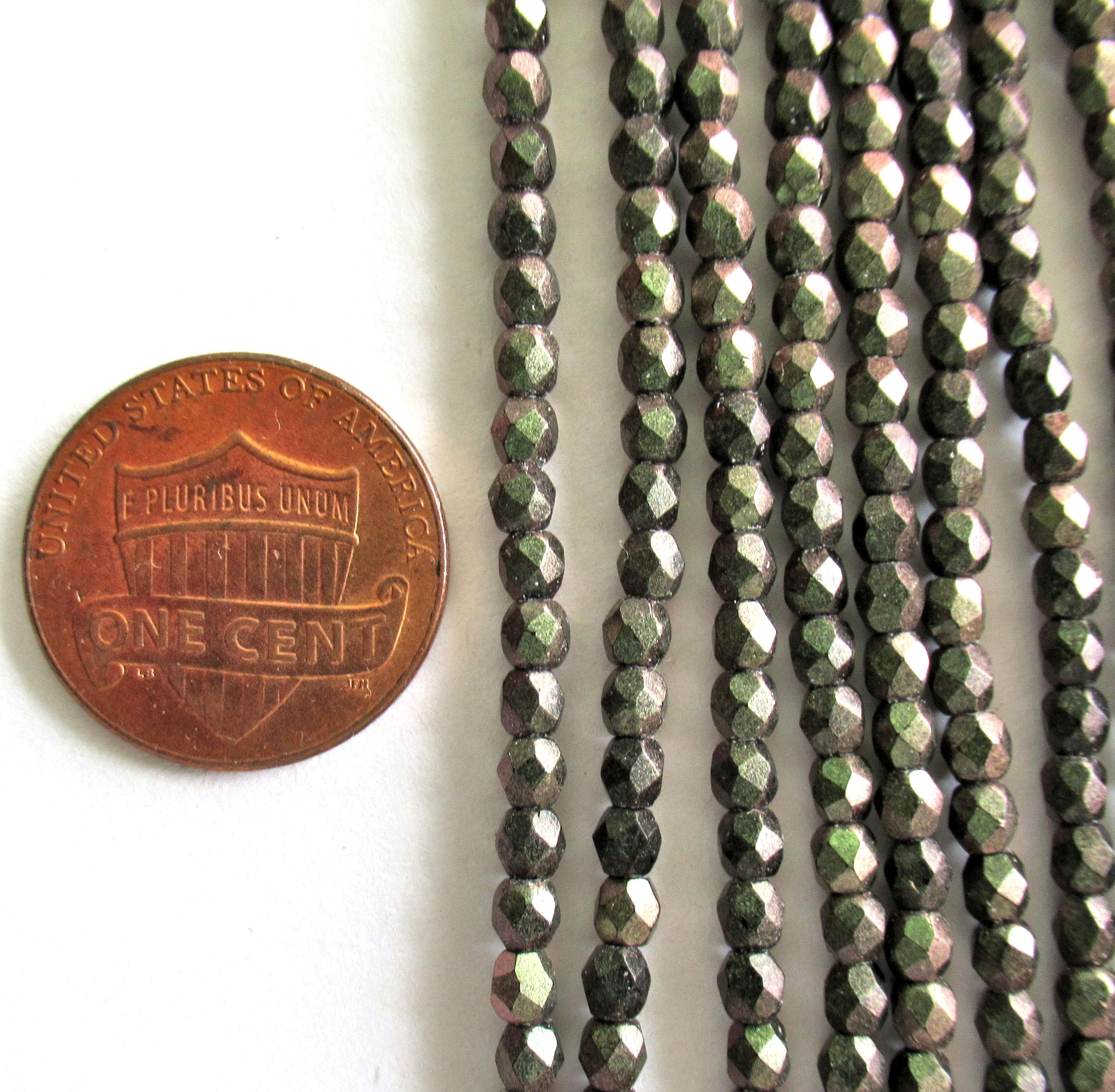 50 3mm dark green Czech glass beads - Polychrome Olive Mauve - fire polished faceted round beads - 50pcs - C0005