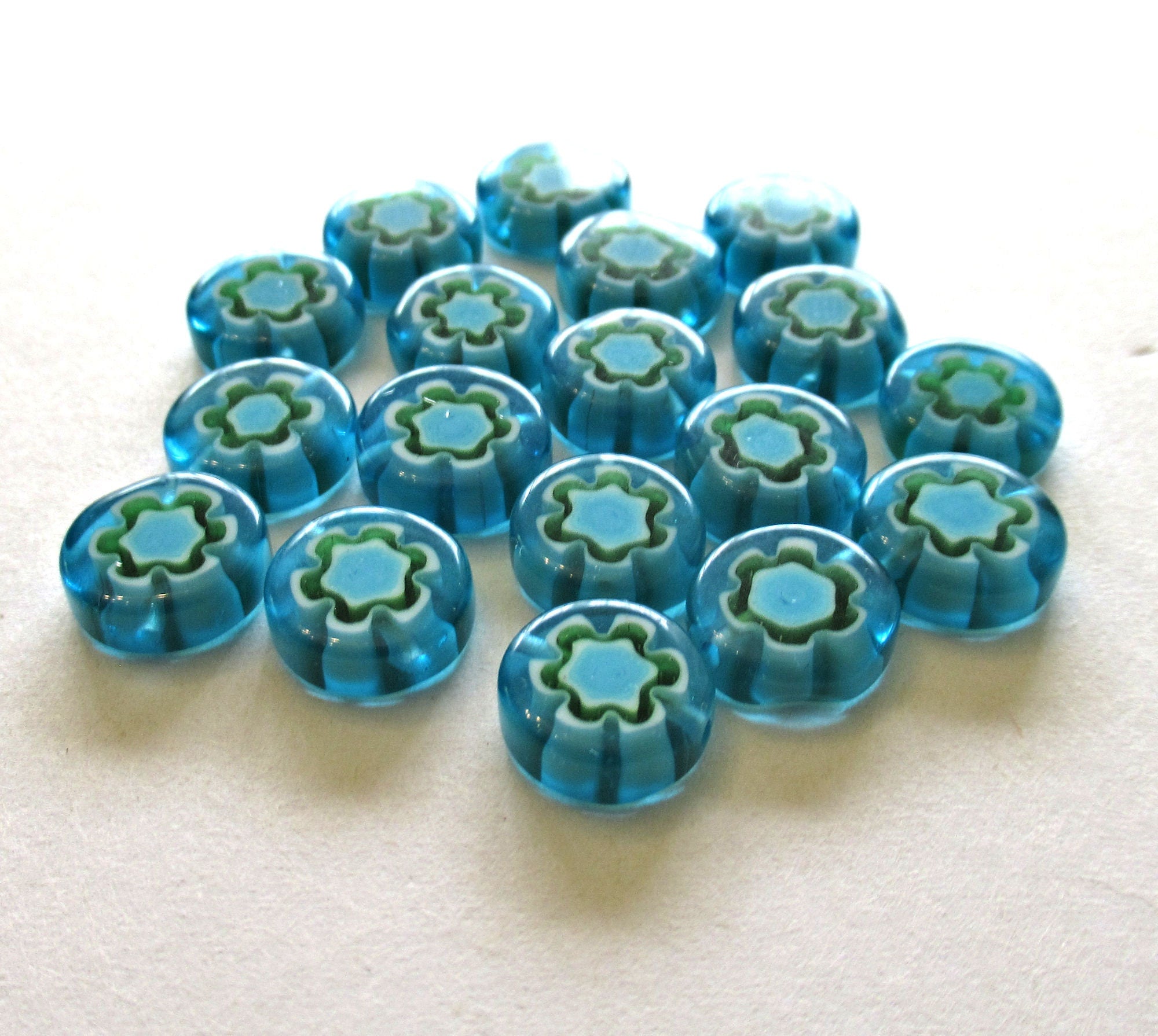 Ten 10mm cane or millefiori glass beads - aqua blue green and white coin or disc beads - C0095