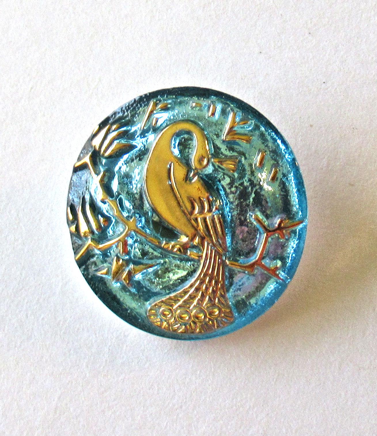 One 22mm Czech glass peacock button - aqua blue and gold - decorative shank button - C00003