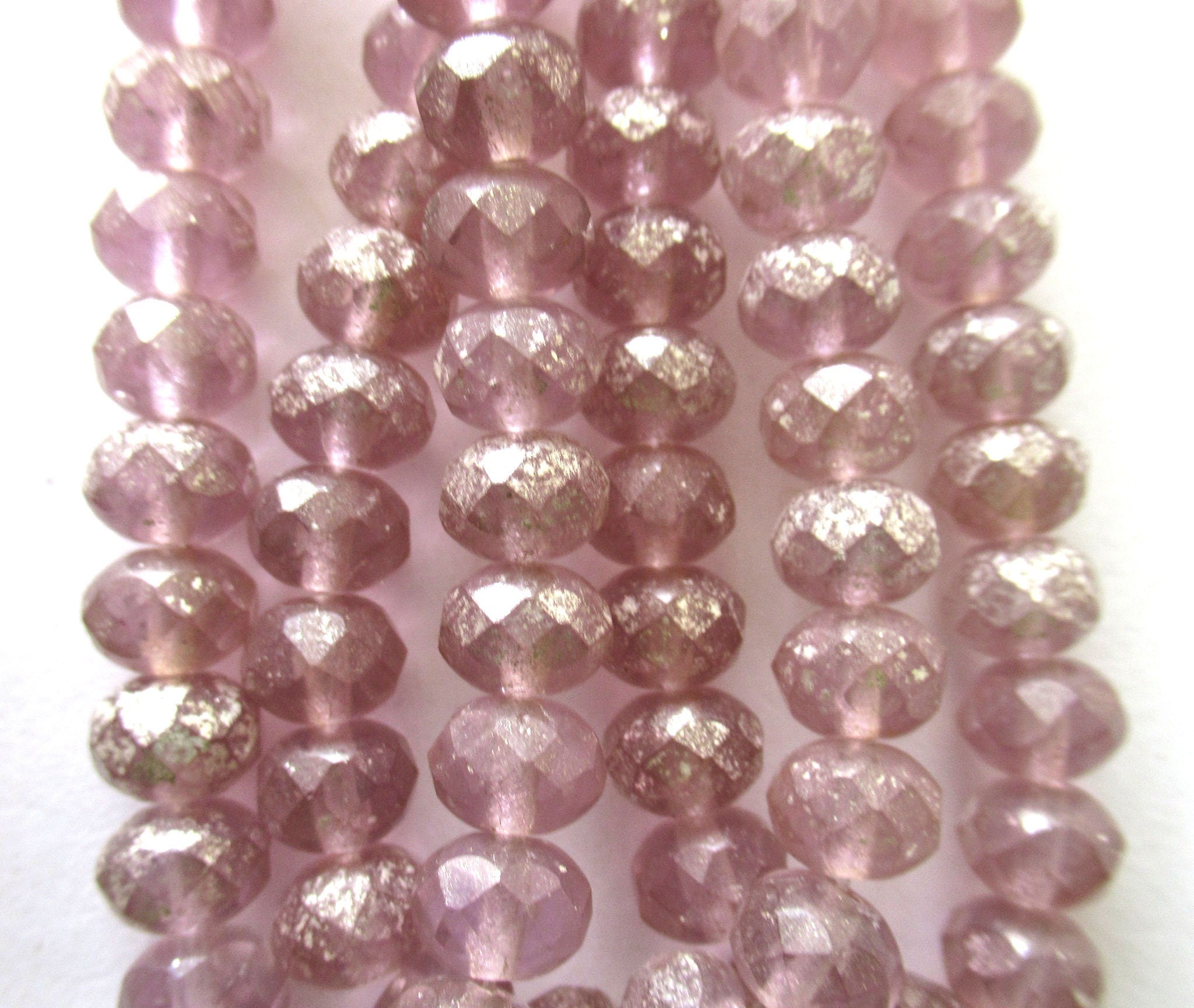 Lot of 25 Czech glass puffy rondelle beads - transparent light purple / lavender w/ silver mercury finish faceted 5 x 7mm rondelles C00361