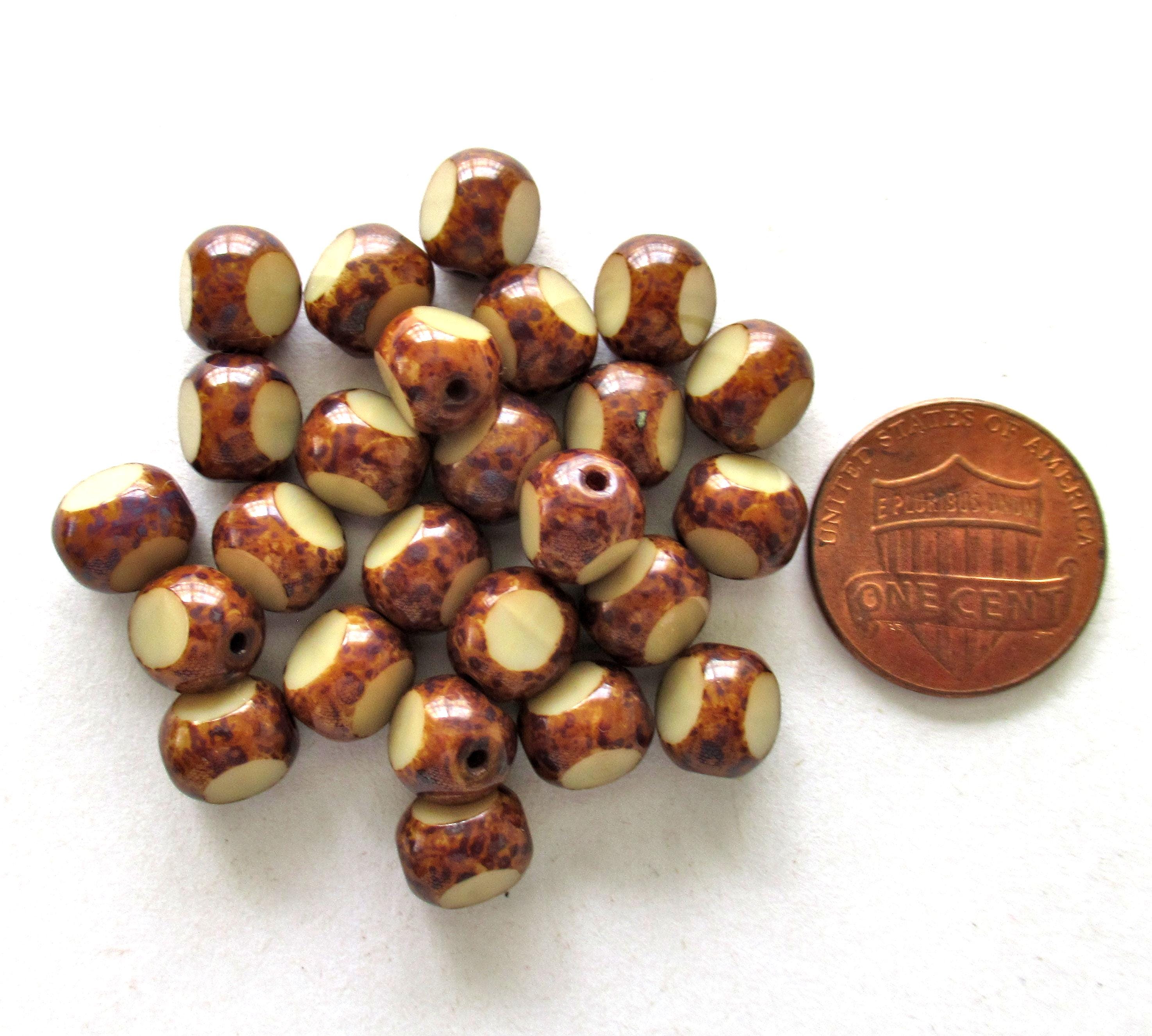 25 Czech glass tri-cut round beads - 8mm - off white or beige picasso beads - faceted table cut rustic earthy window beads C0099
