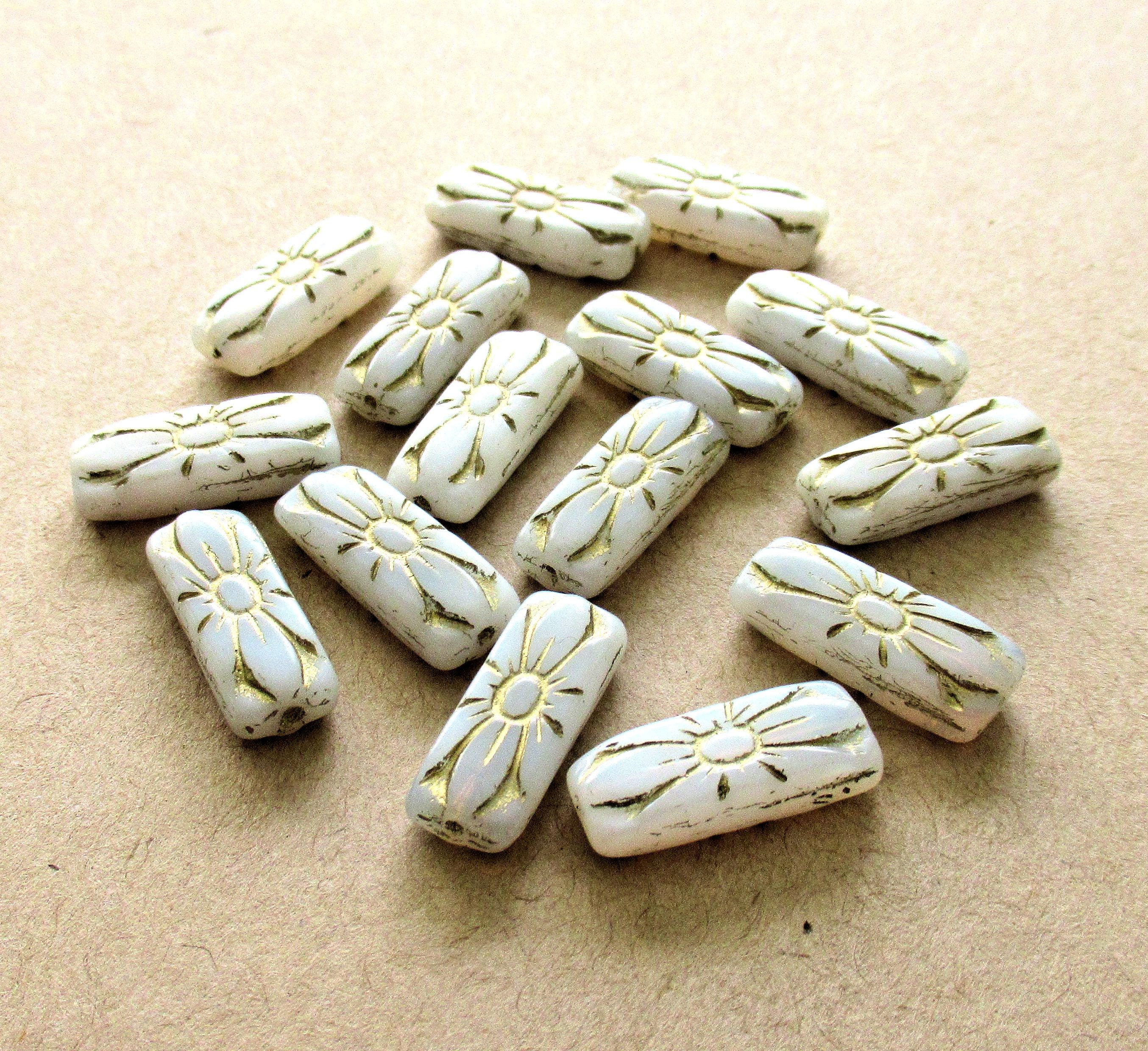 Six Czech glass flower beads - rectangular tube beads - rectangle beads - milky white with gold accents - 20 x 8mm - C0099