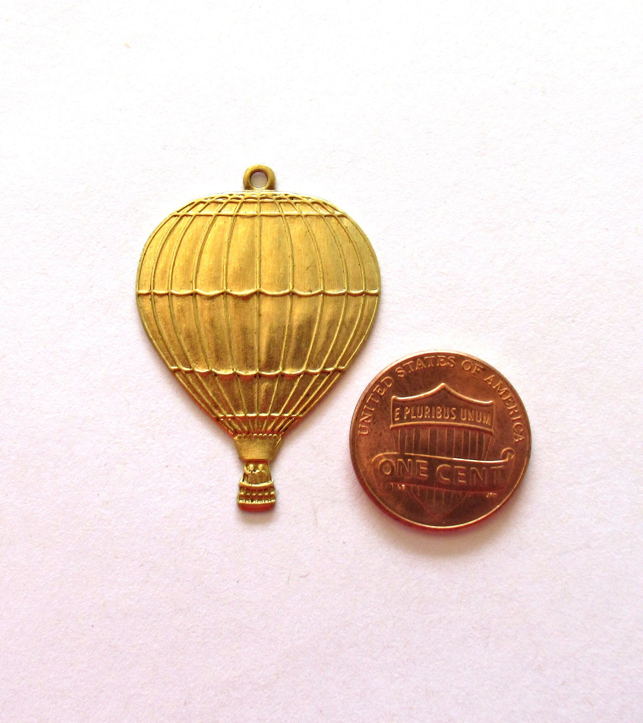 1 Raw Brass Stamping - hot air balloon charm - dangle - pendant - drop - 1.5" inches - made in the USA C0034