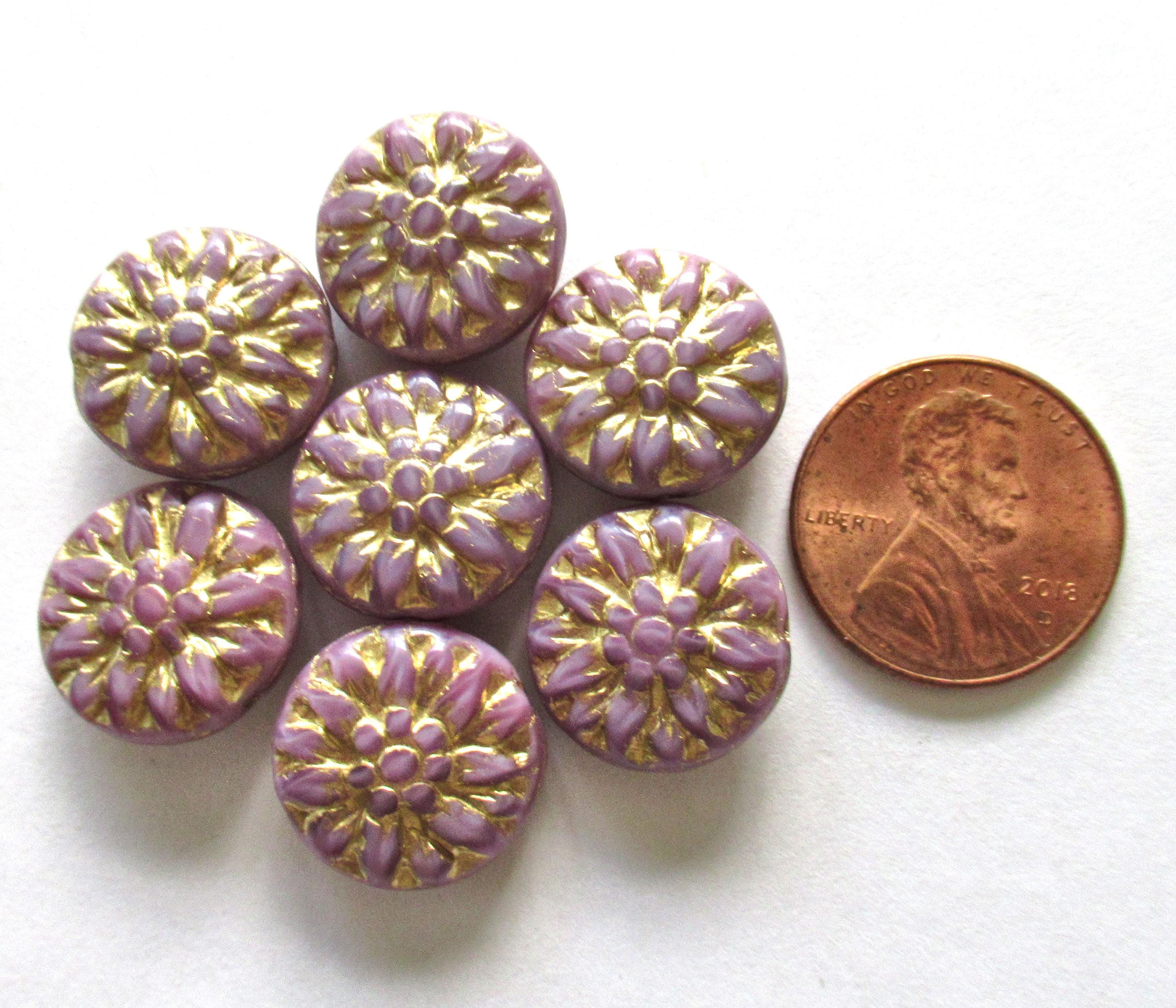 Six Czech glass Dahlia flower beads - 14mm light purple and pink silk mix floral beads w/ gold wash - puffy coin or disc beads - C00051