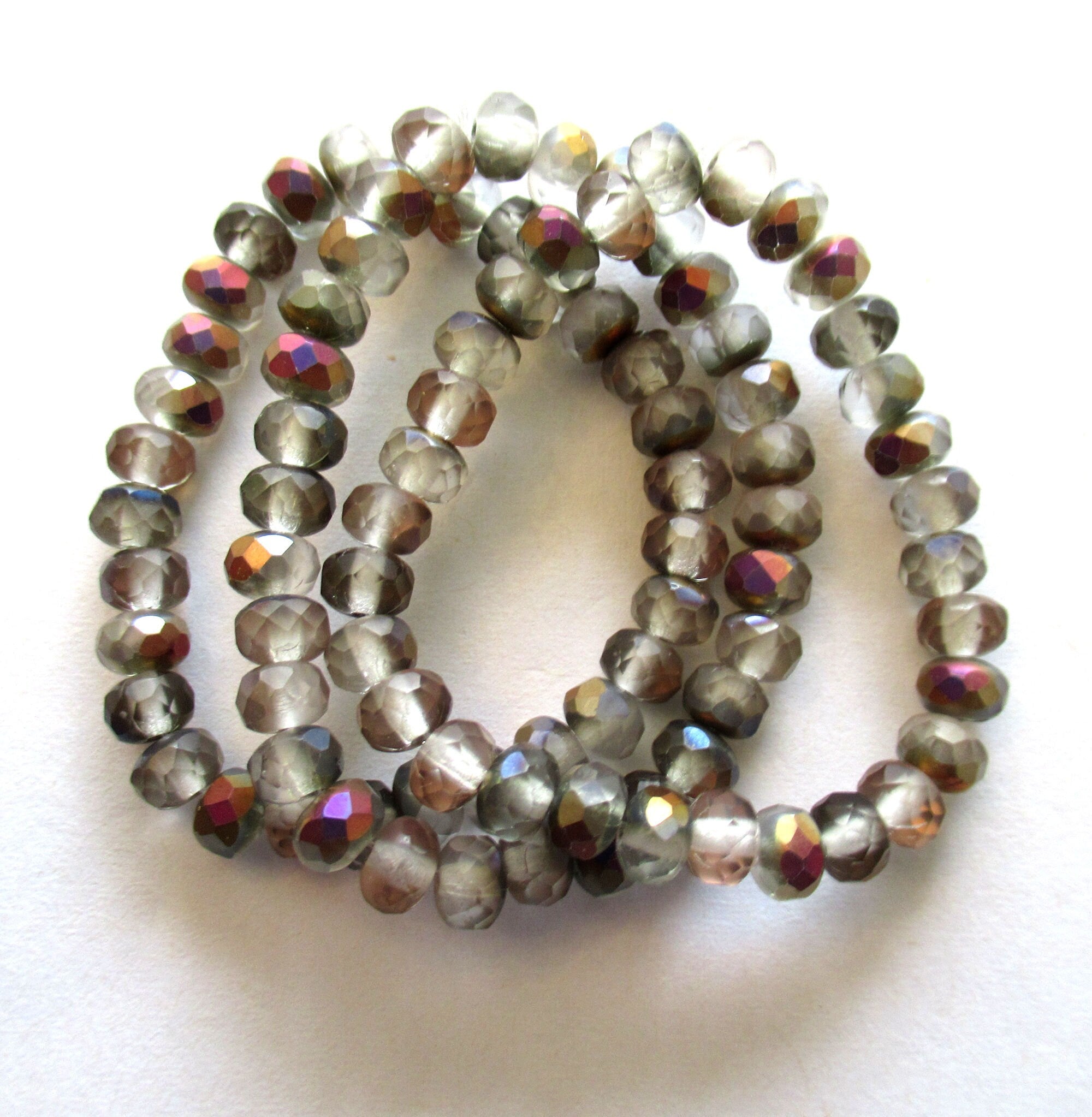 30 small puffy Czech glass rondelle beads - matte crystal gray beads with a vega finish - 3mm x 5mm faceted fire polished rondelles 00001