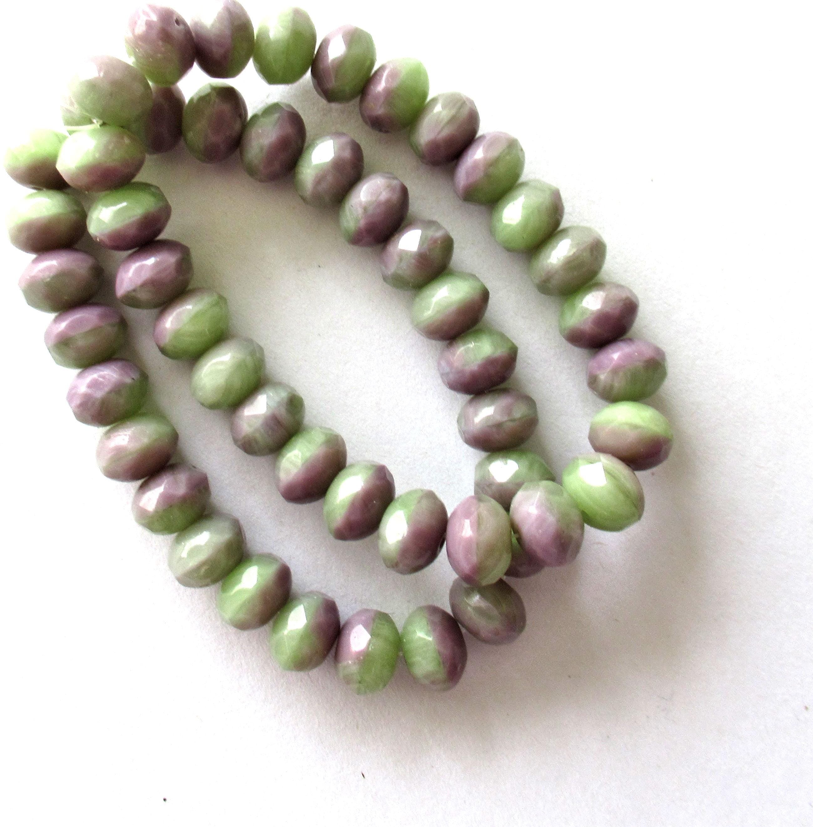 25 Czech glass puffy rondelles - marbled mix of opaque light purple & green - 6 x 9mm - faceted donut beads, C00662