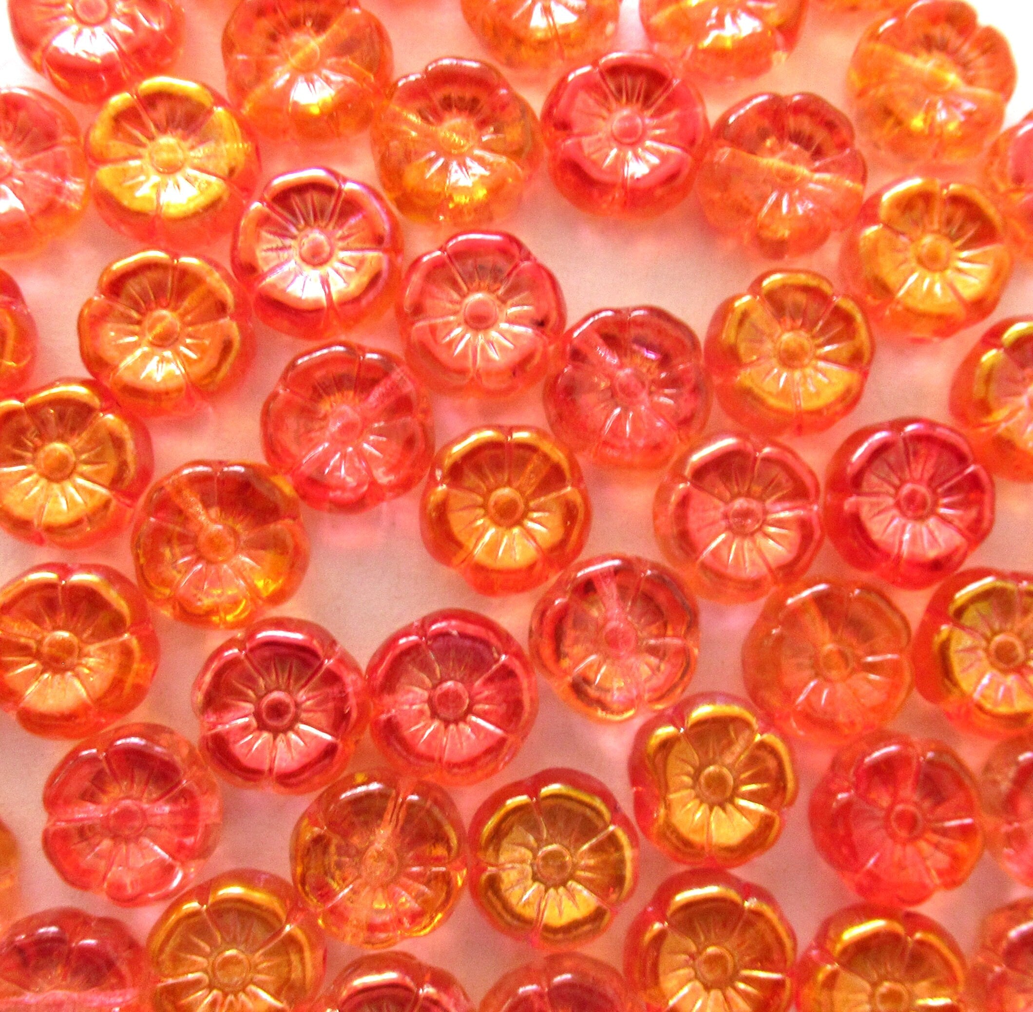 Lot of 15 8mm Czech glass flower beads - transparent orange or hyacinth with an ab finish - pressed glass Hawaiian flower beads C0039