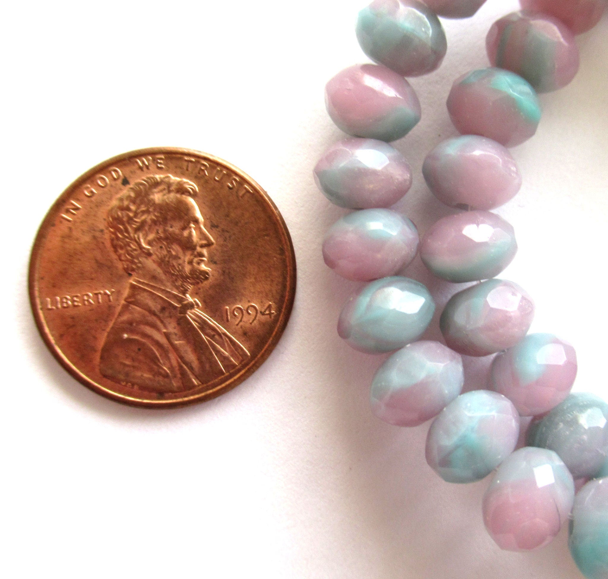 Lot of 25 Czech glass faceted puffy rondelle beads - 5 x 7mm pastel pink & blue / mint green mix rondelles C00612