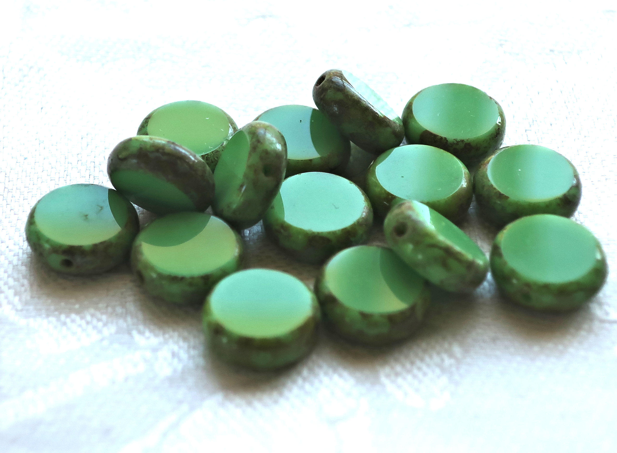 10 Czech glass green coin or disc beads - 11mm flat round beads - opaque light green table cut beads with a picasso finish 02201