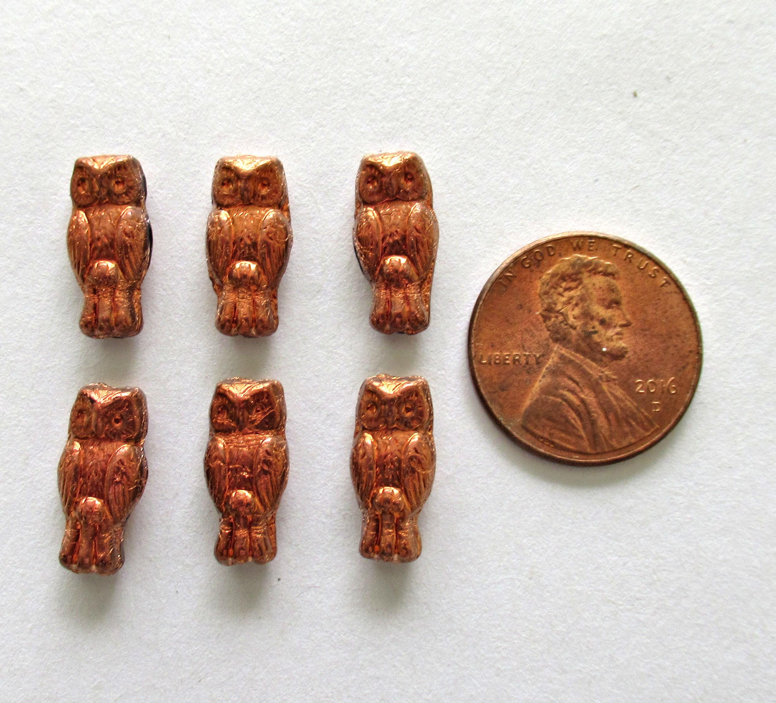10 Czech glass owl beads - top drilled 7 x 15mm - metallic copper - pressed glass beads C0008