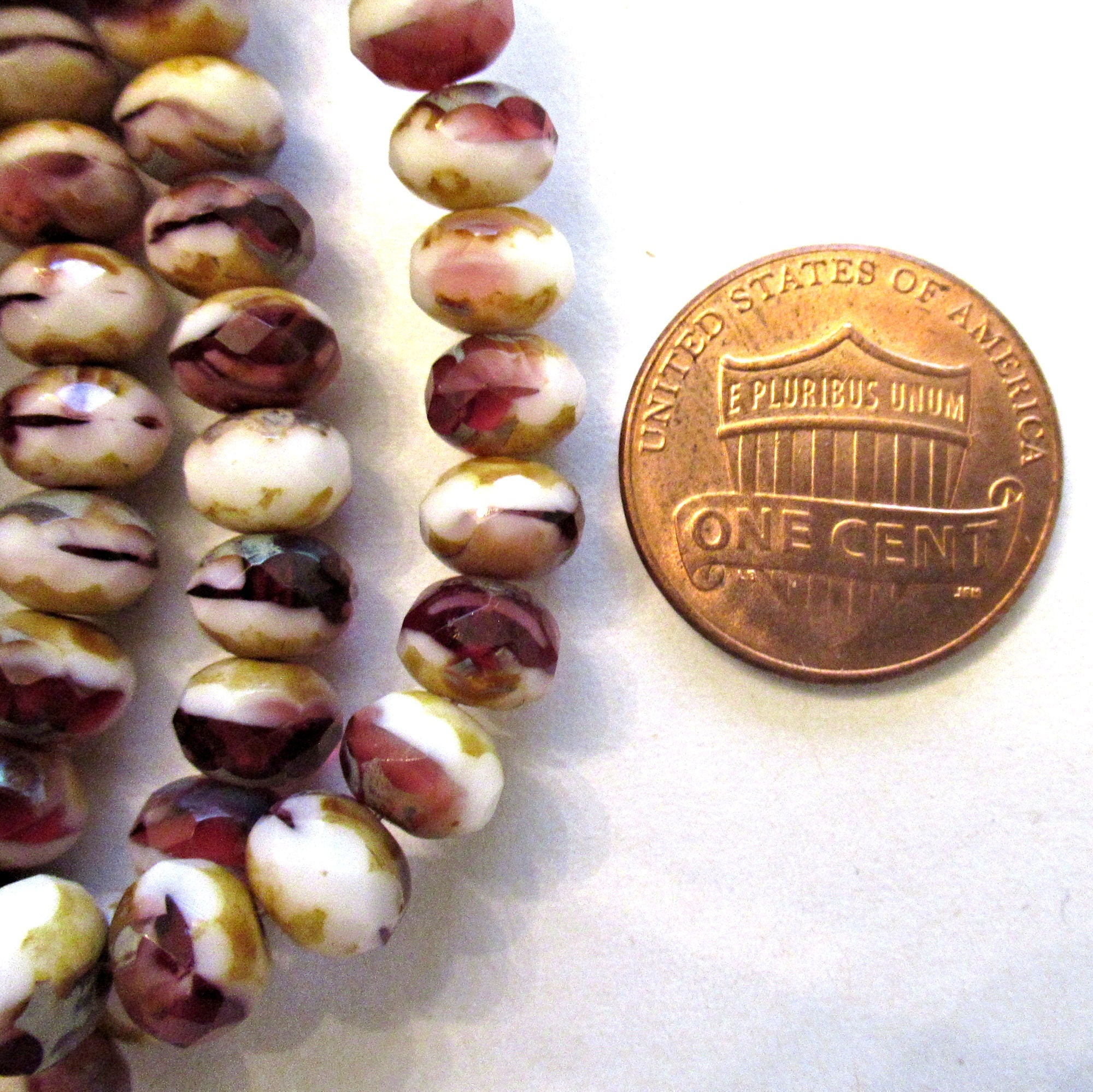 Lot of 25 Czech glass puffy rondelle beads - 5 x 7mm amethyst, pink and white color mix w/ picasso accents - faceted rondelles, C00571