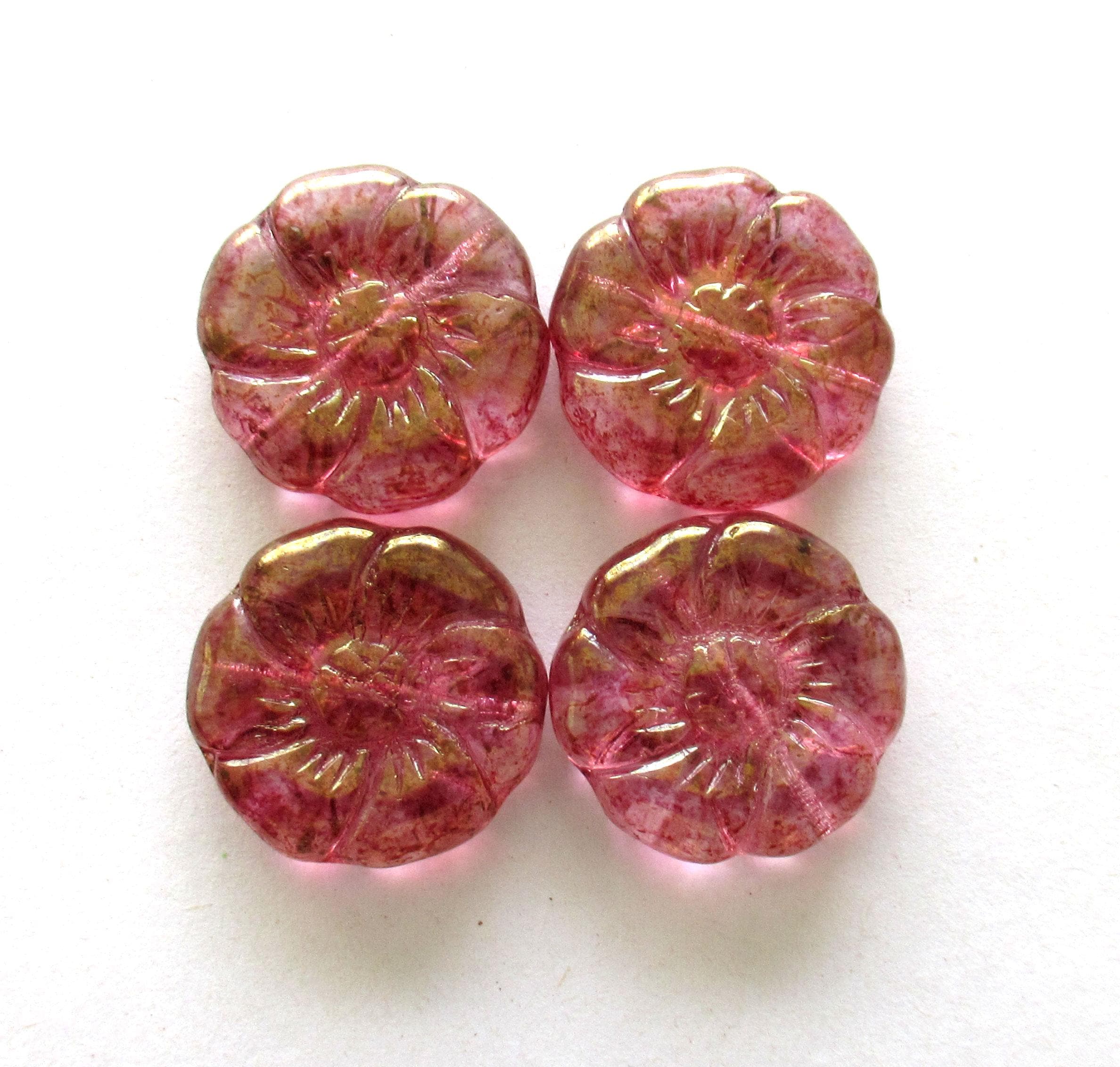 Two large 22mm Czech glass flower beads - pink beads with a gold luster finish - pressed focal or statement beads - 00011