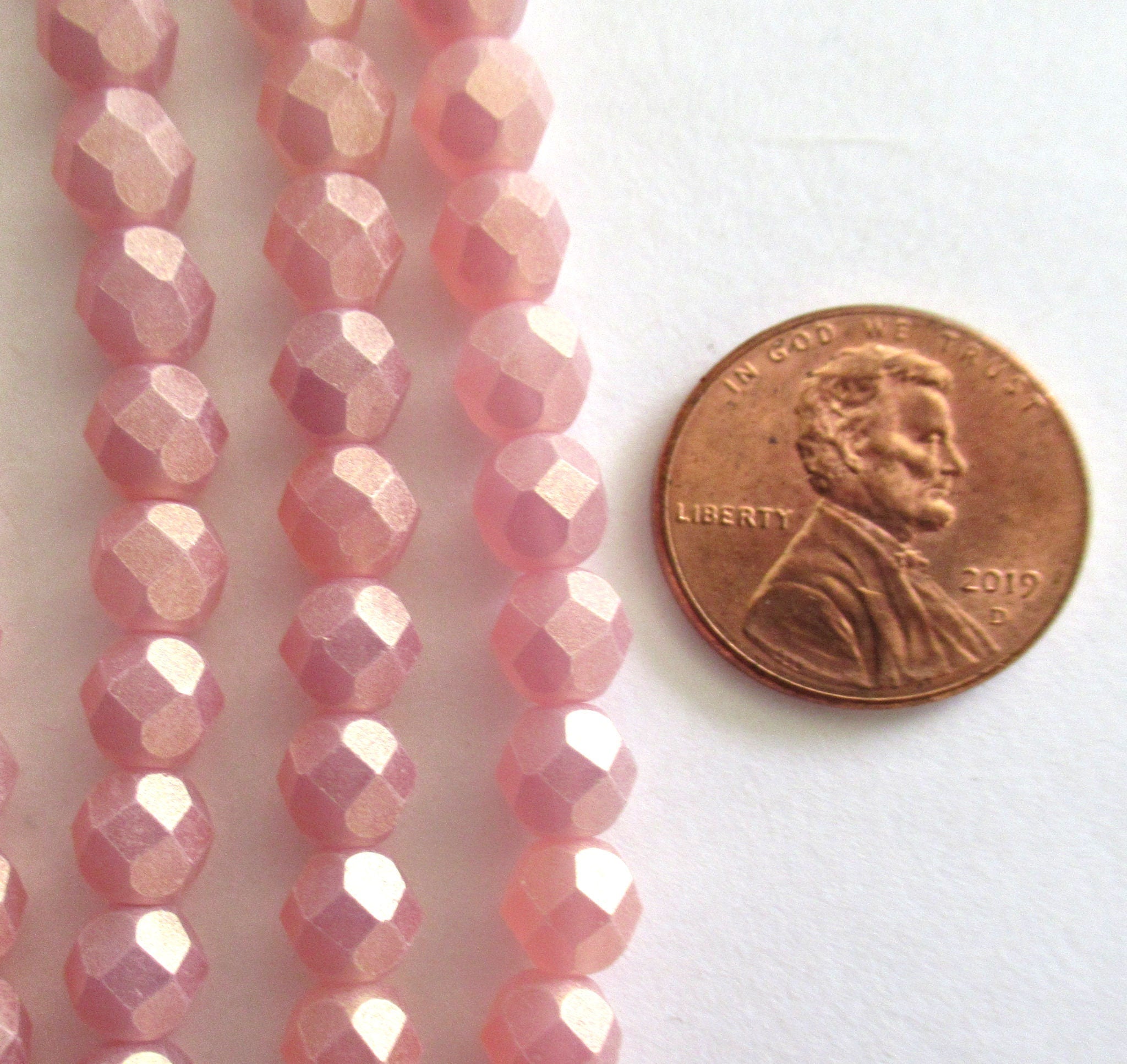 Lot of 25 6mm sueded gold milky pink Czech glass beads - round, faceted fire polished beads C0036