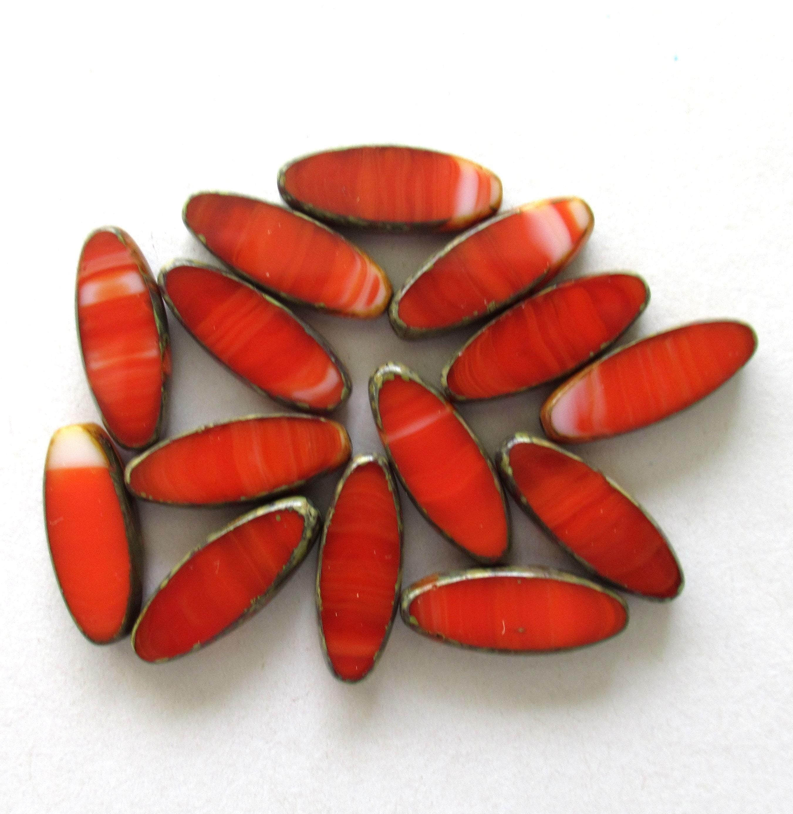 Twelve Czech glass spindle beads - 16 x 6mm - opaque marbled red & white picasso - table cut - almond shaped beads C00641