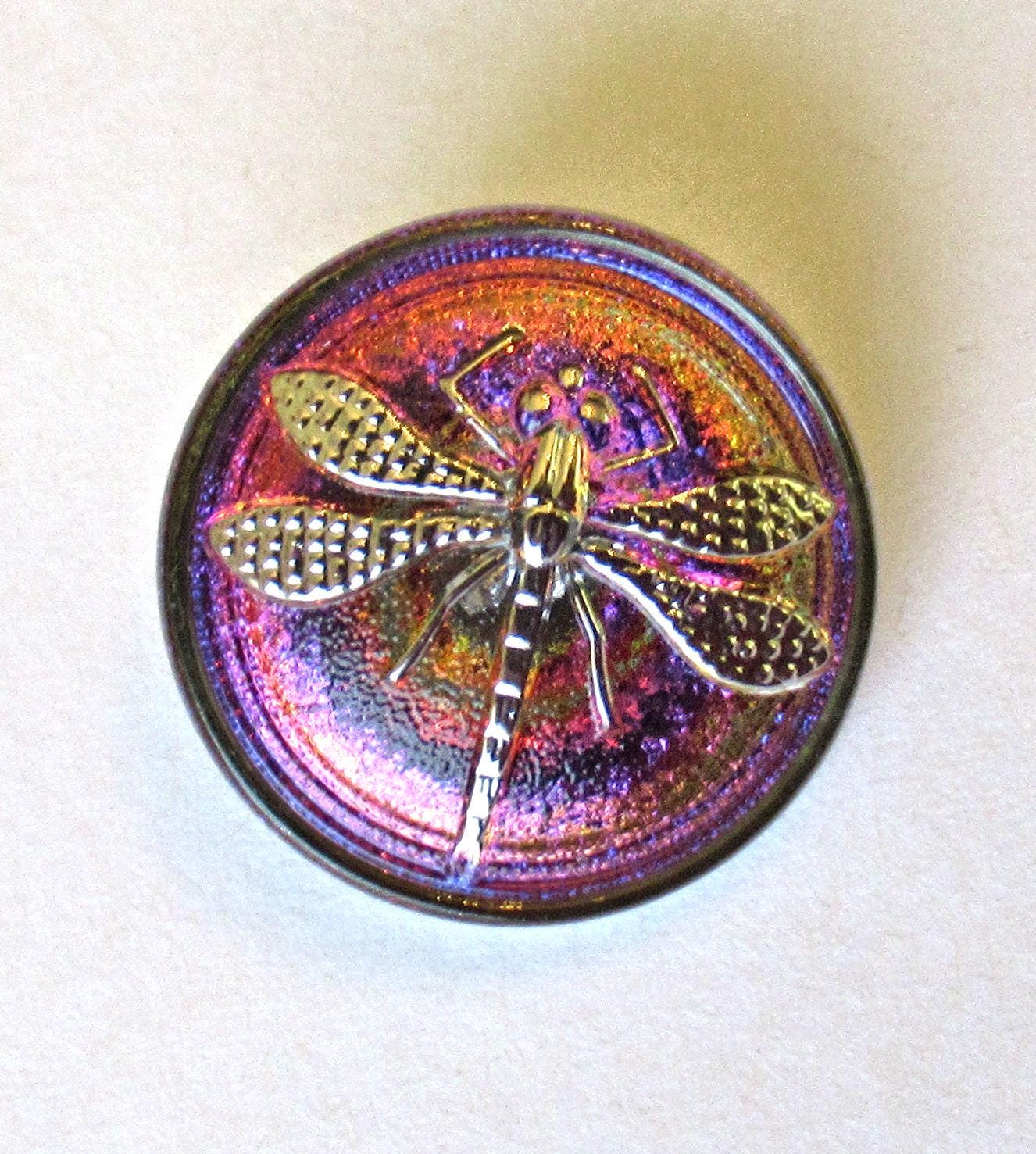 One 22mm Czech glass dragonfly button - iridescent pink orange and purple with silver accents - decorative shank art glass button 00082