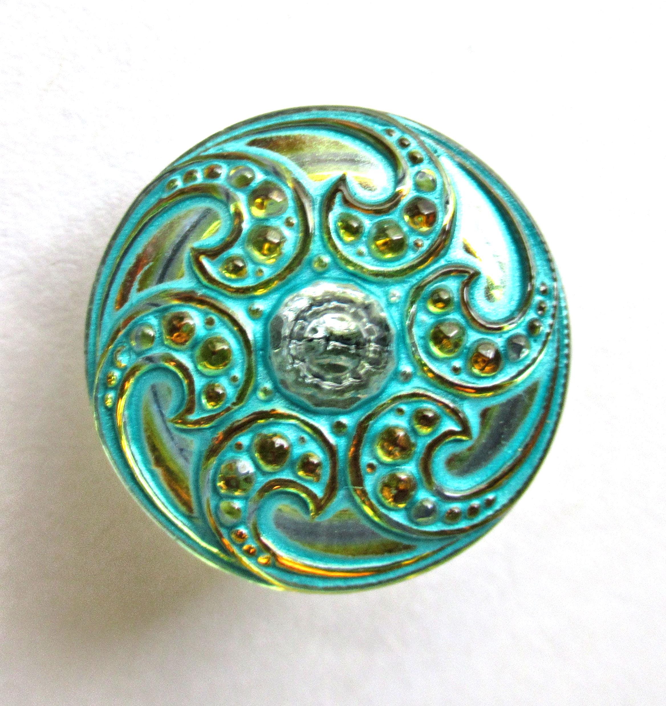 One 18mm Czech glass button - orange w/ rhinestone and a turquoise wash- fancy pattern decorative shank button 00052
