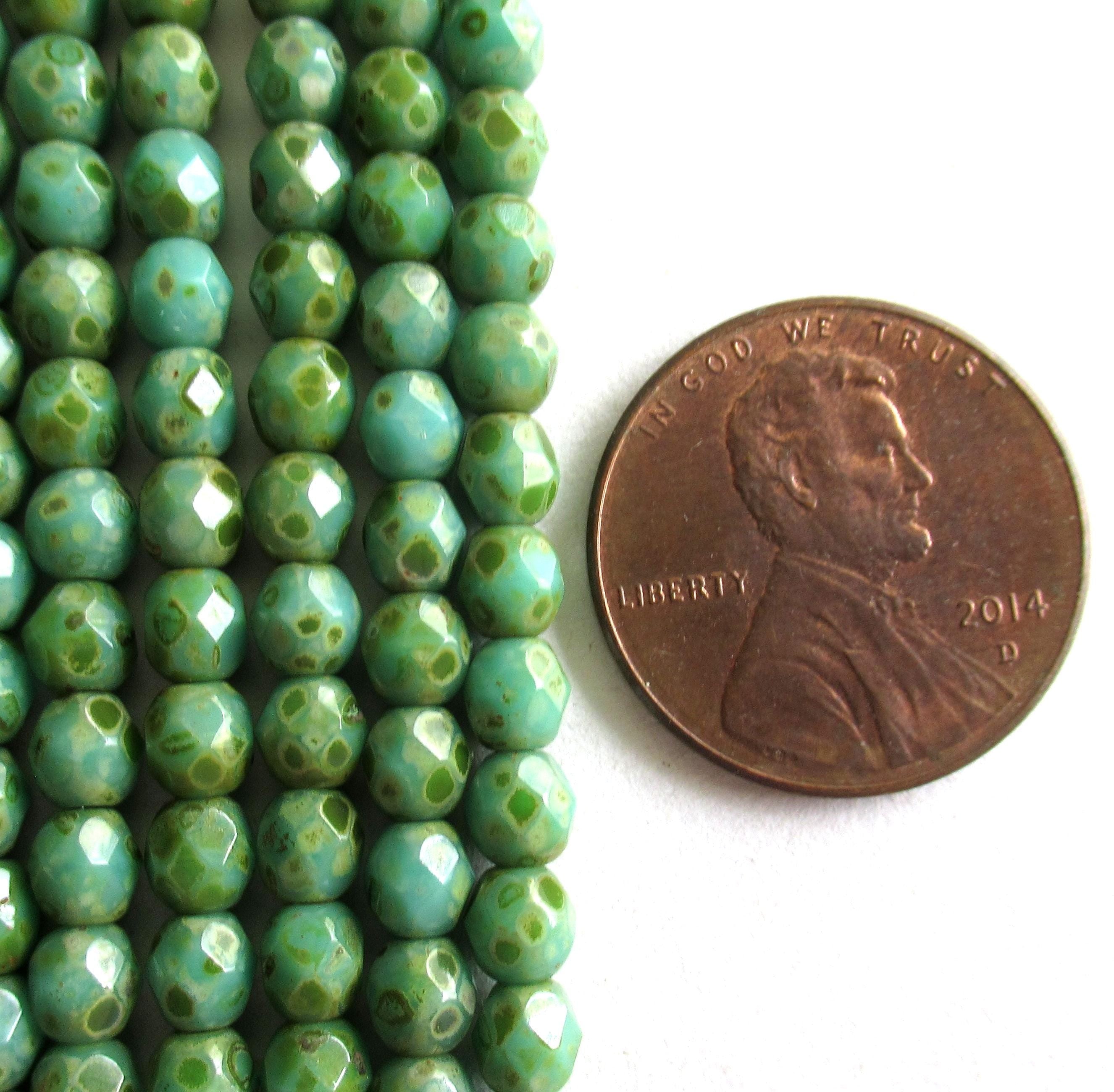 50 Turquoise Blue Green Picasso Czech glass beads - 4mm - fire polished faceted round beads - C0008