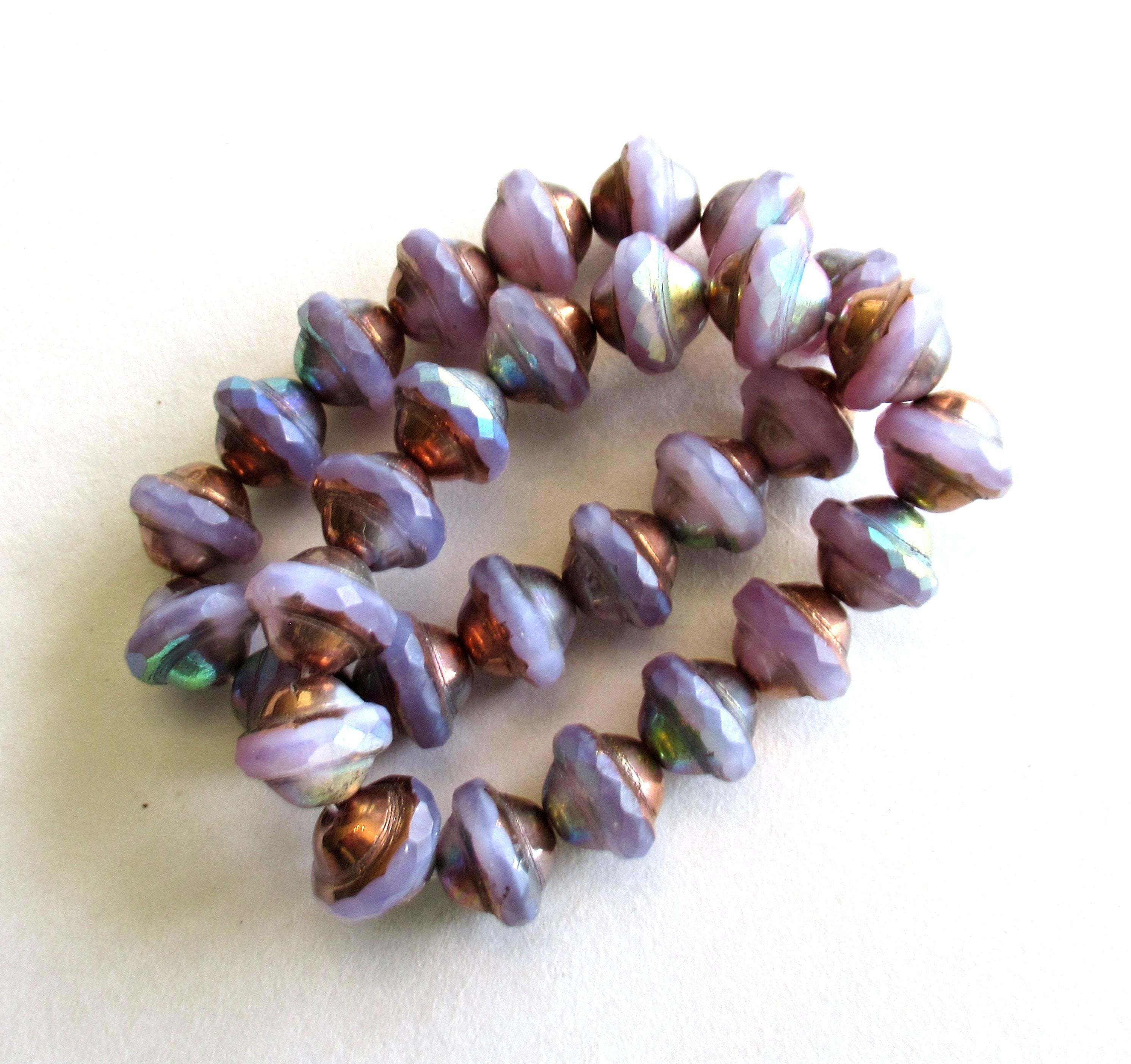 15 Czech glass saturn beads - 8 x 10mm translucent milky purple / lavender ab - faceted saucer beads with copper picasso accents C00542