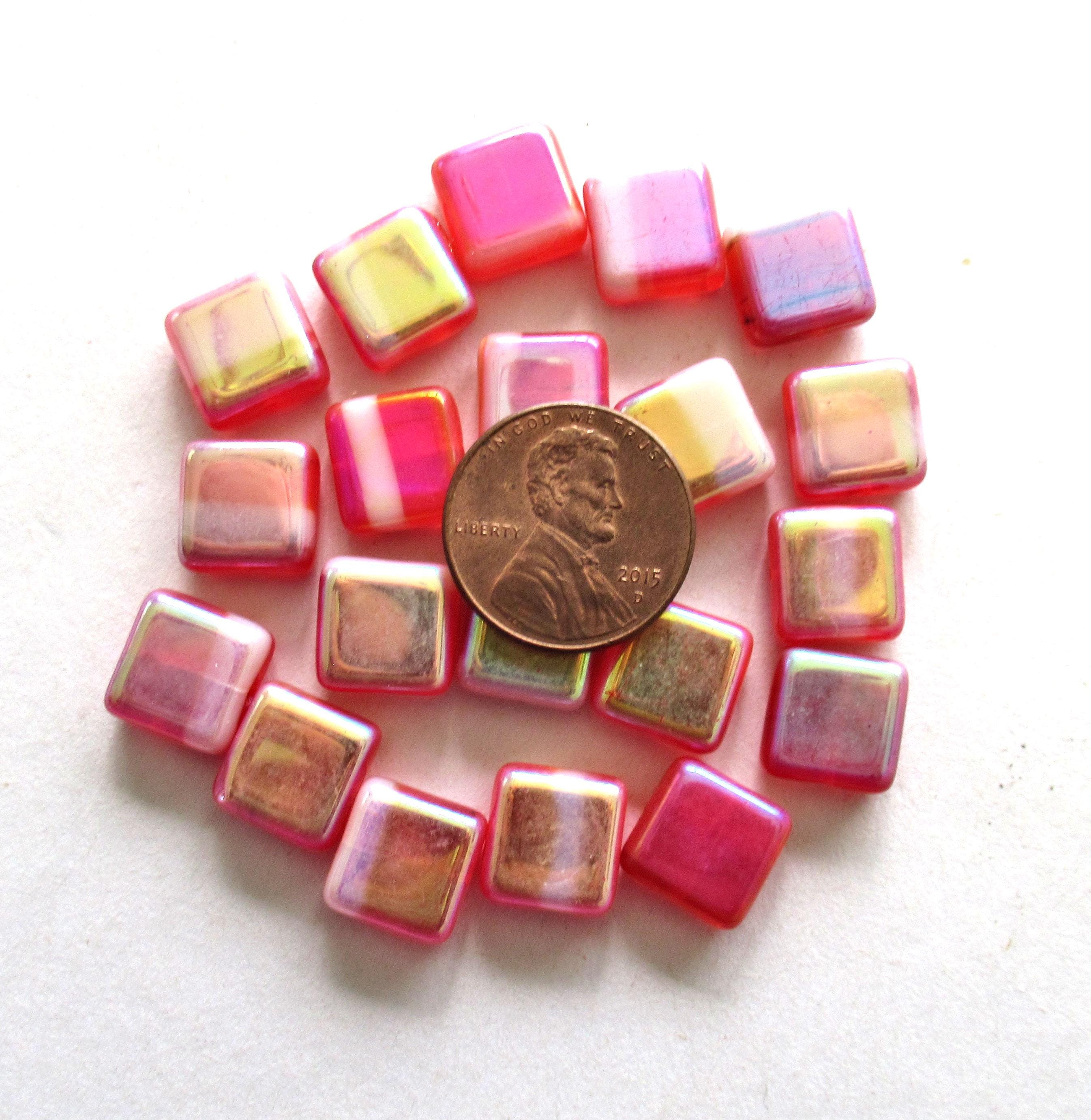 Ten large square Czech glass beads - 11mm - orange & white beads with an iridescent ab finish - C00711