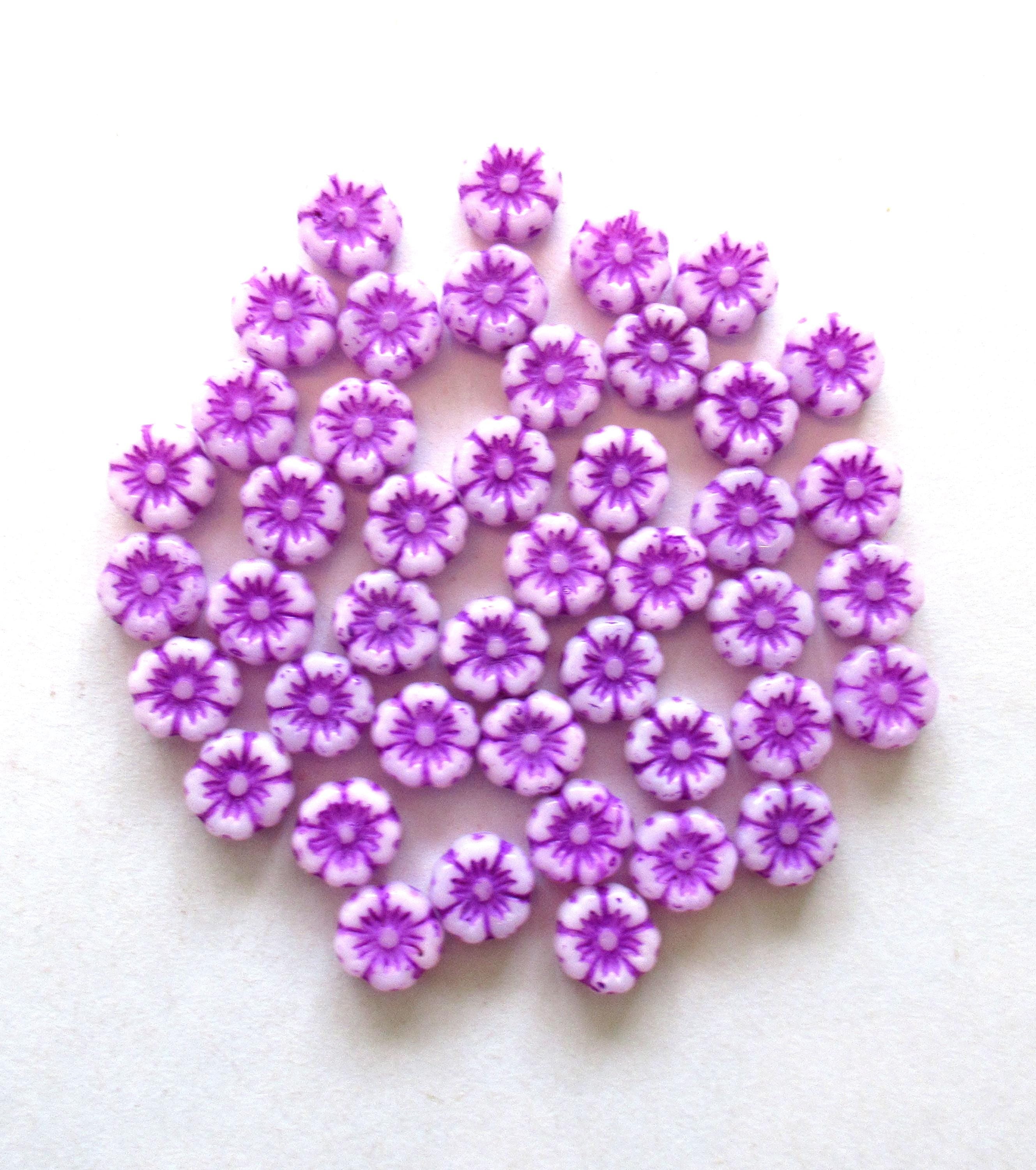 15 8mm Czech glass flower beads - opaque white beads with a deep bright purple wash - Hawaiian hibiscus flower beads C00501