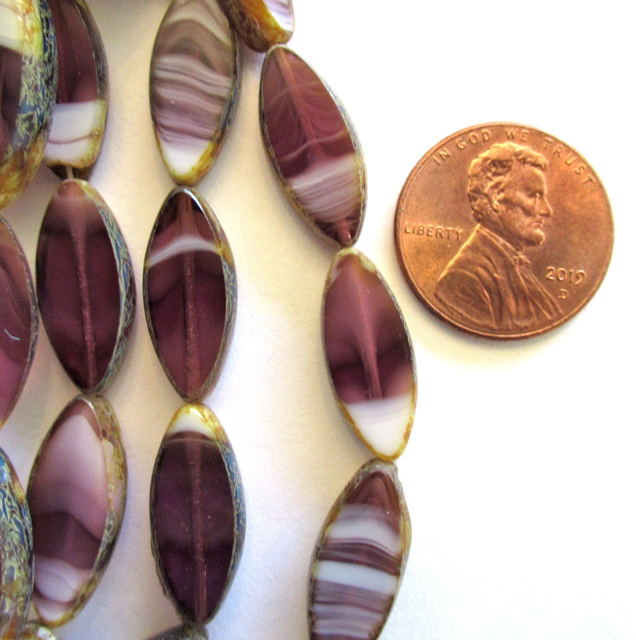 Ten Czech glass spindle beads - 18mm x 7mm - marbled purple or amethyst & white picasso beads - table cut almond shaped tube beads C00361