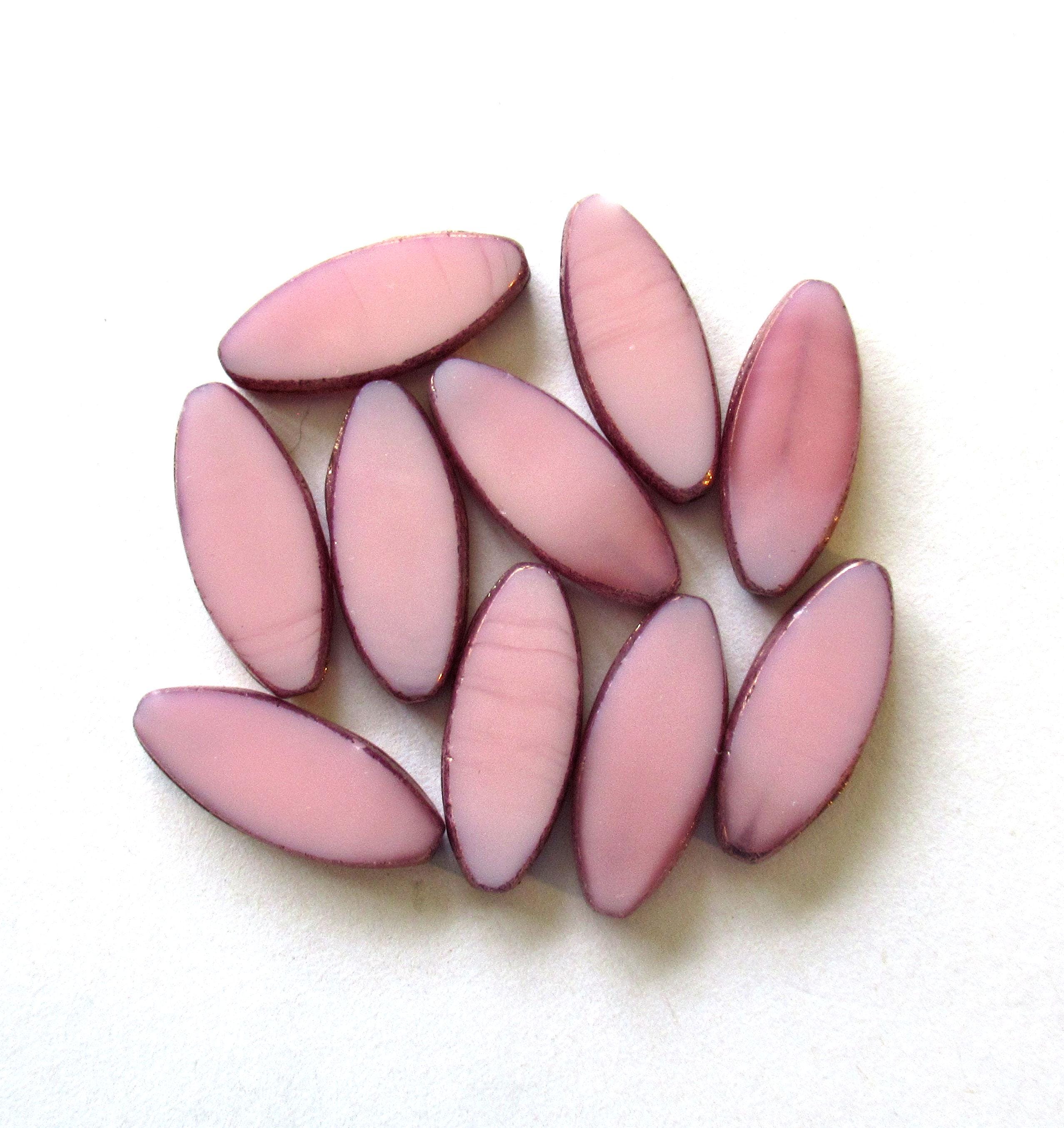 Ten large Czech glass spindle beads - opaque pink w/ purple bronze picasso accents - 20 x 9mm - table cut almond shaped oval beads - C00552