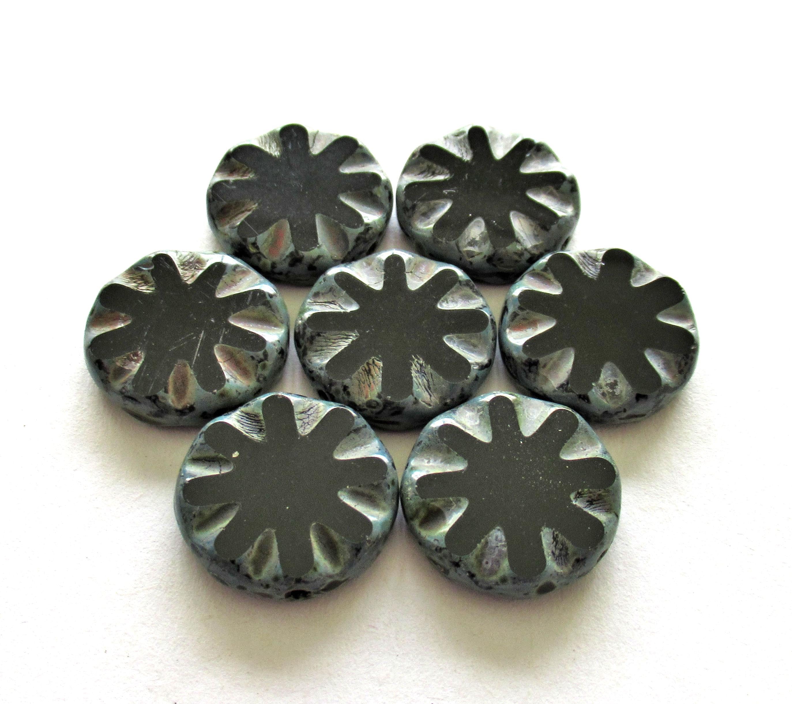 Six large Czech glass coin or disc beads - jet black picasso - 18mm - table cut beads with a spider flower or sun pattern - C00161