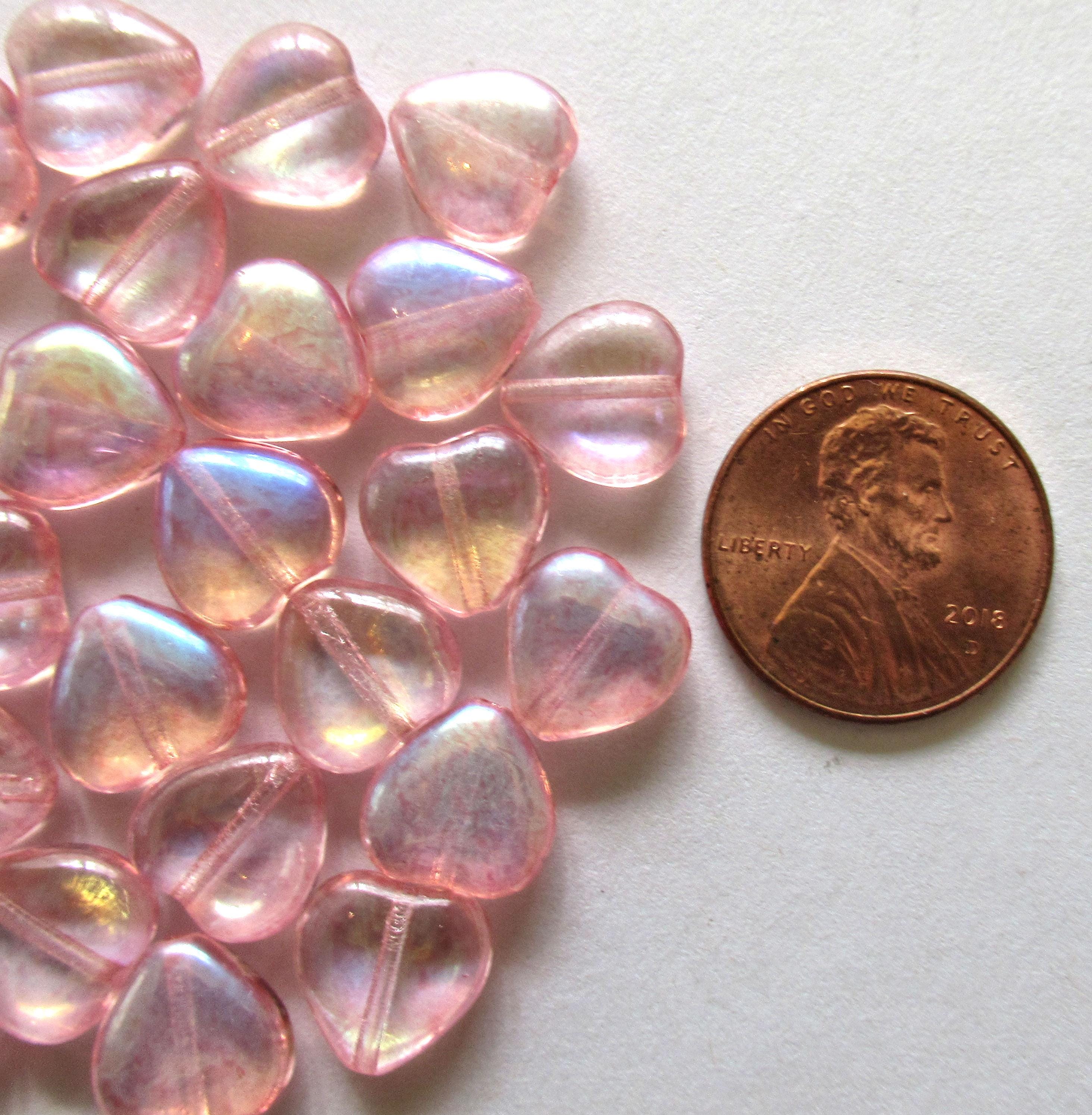 15 Czech glass heart beads - 10mm transparent pink ab beads - C00011