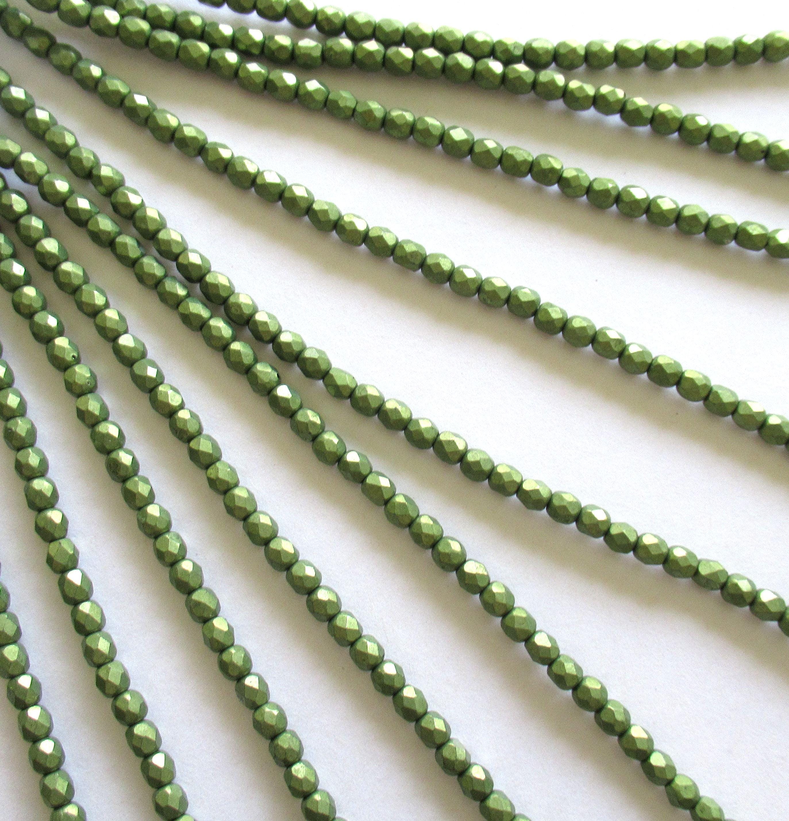 50 4mm Czech glass sage green beads - Saturated Metallic Greenery - fire polished faceted round beads - C0055