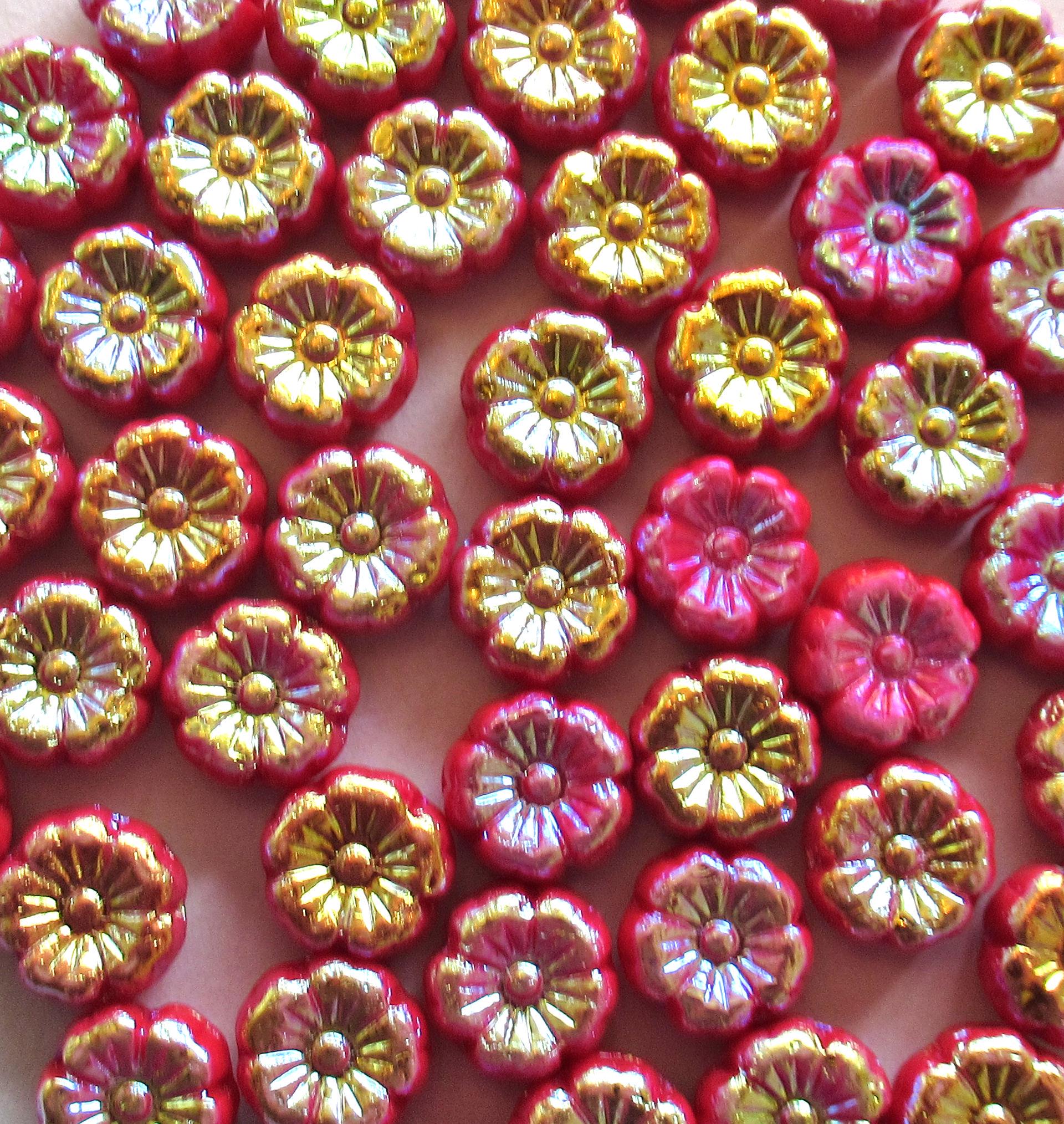 15 8mm Czech glass flower beads - opaque red with an ab finish on both sides- Hawaiian hibiscus flower beads - C00501