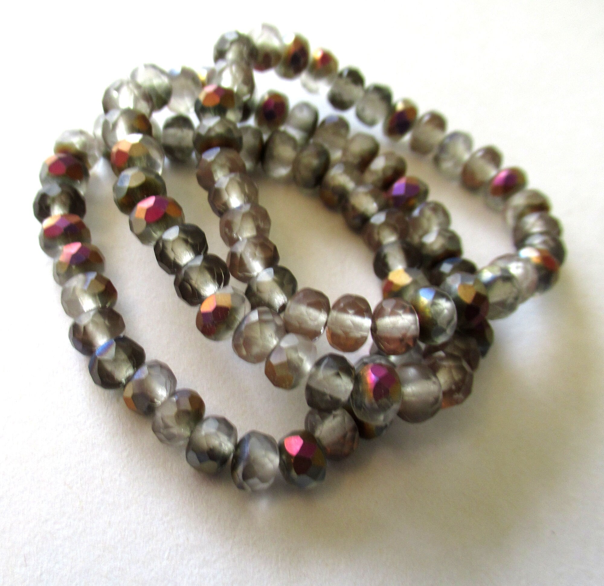 30 small puffy Czech glass rondelle beads - matte crystal gray beads with a vega finish - 3mm x 5mm faceted fire polished rondelles 00001