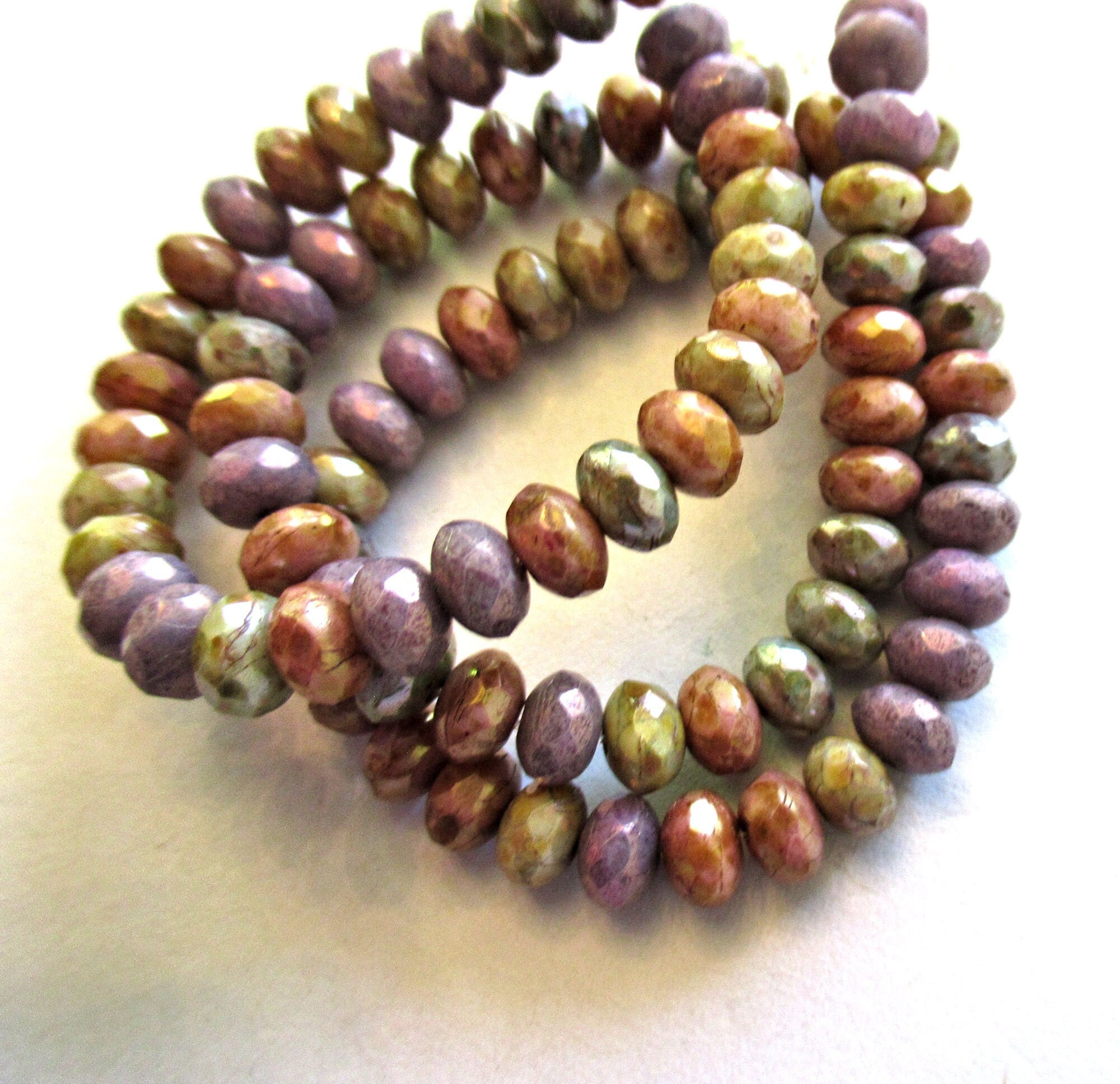 30 small Czech glass faceted puffy rondelles - 3 x 5mm opaque color mix w/ picasso accents - earthy rustic rondelle beads 00041
