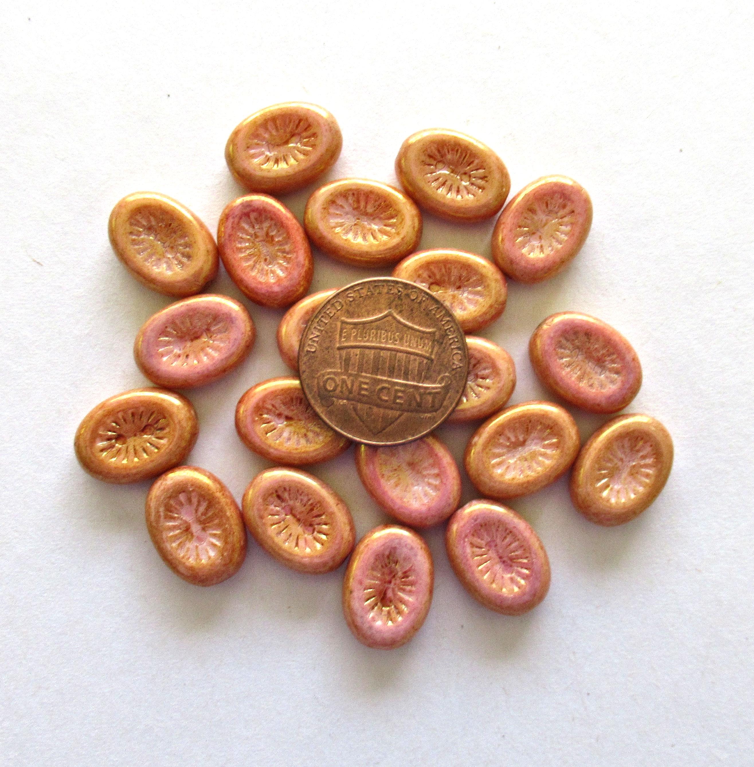 Ten 14 x 11mm Czech glass oval kiwi beads - opaque pink & peach mix - pressed glass beads - C00011