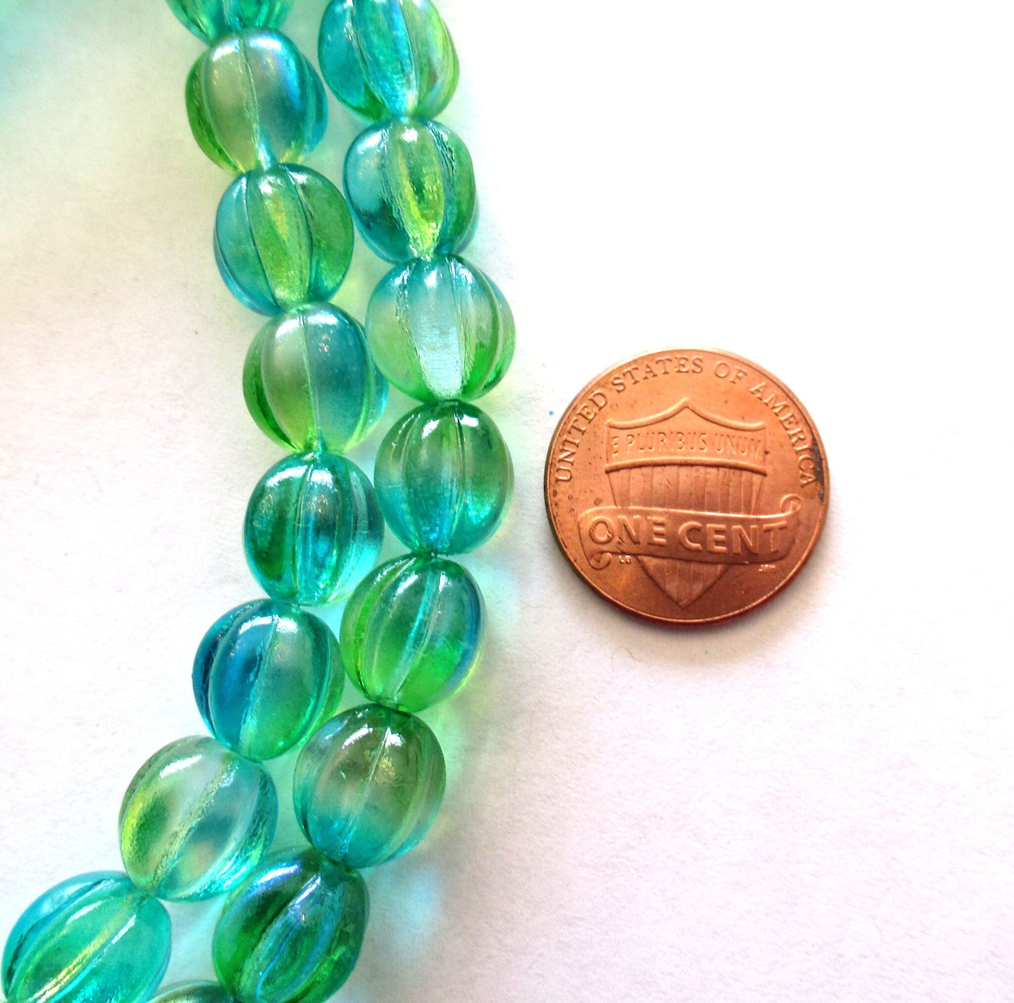 Ten 10mm Czech glass melon beads - green & blue mix pressed glass beads - C0049
