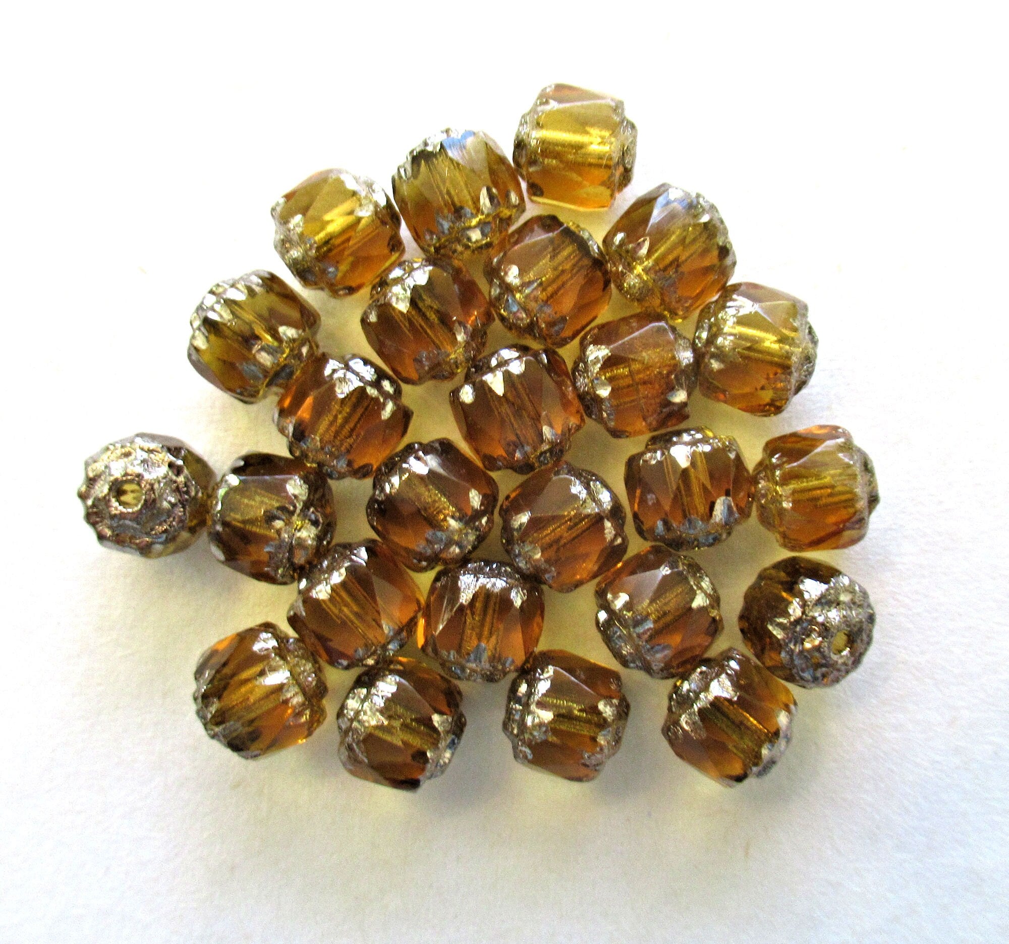 Lot of 25 Czech glass antique cut cathedral beads - topaz brown w/ silver picasso accents - faceted, fire polished beads - C00201
