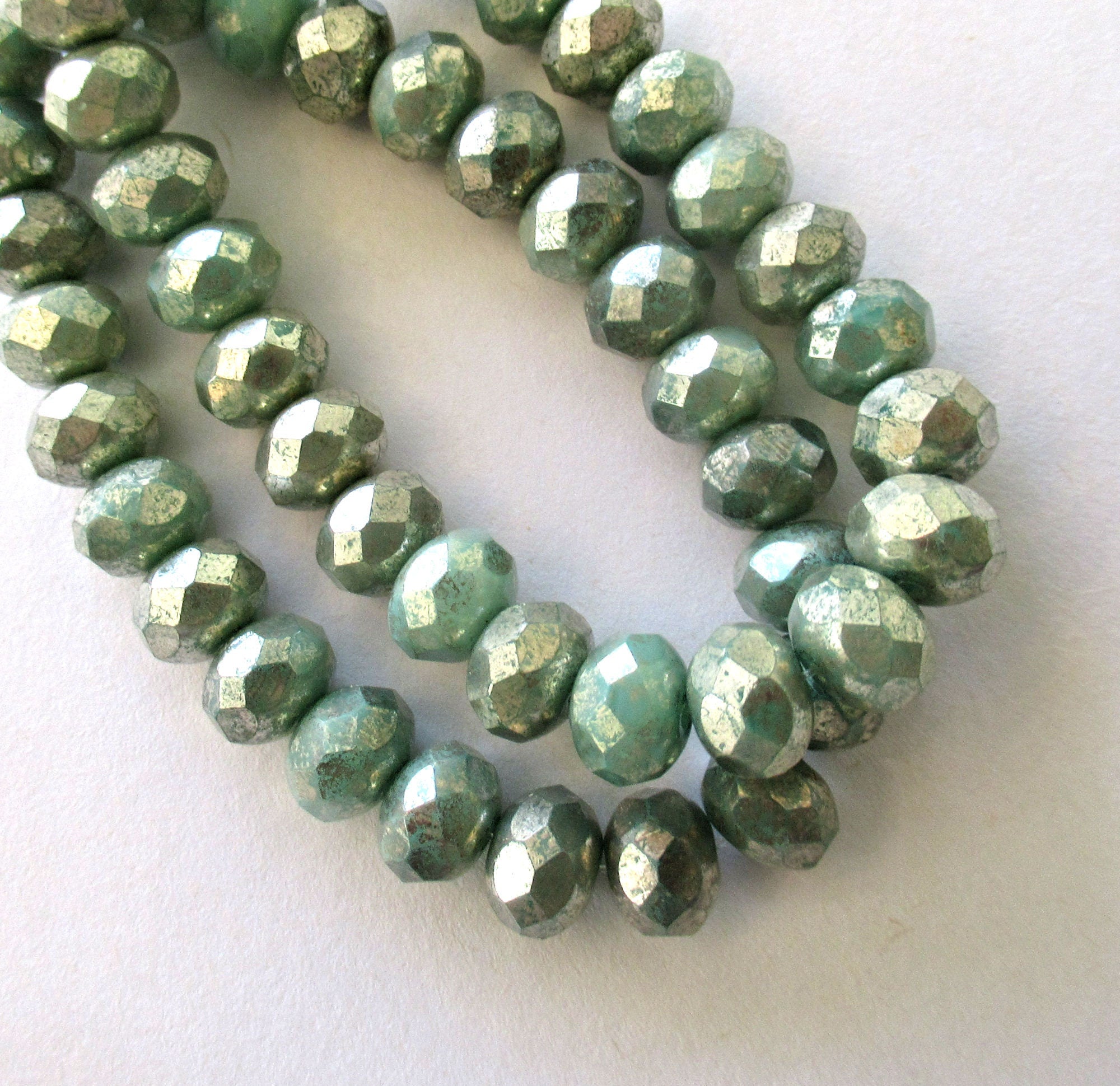 25 Czech glass puffy rondelle beads - blue green with a heavy silver mercury picasso finish - 6 x 8mm faceted Czech glass rondelles 00822