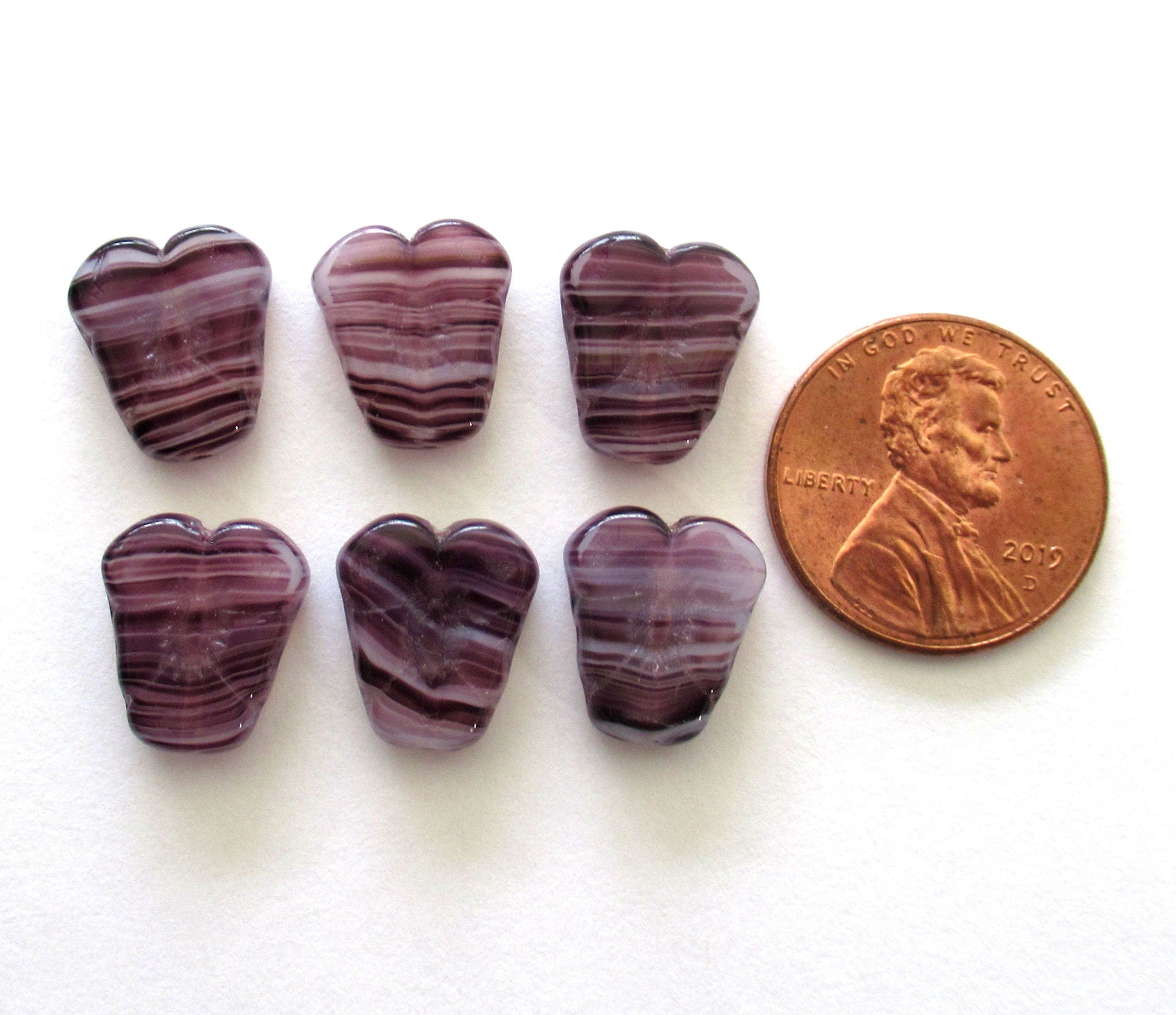 Twelve Czech glass purple pansy flower beads - 13 x 11mm milky white beads with purple stripes - C0058