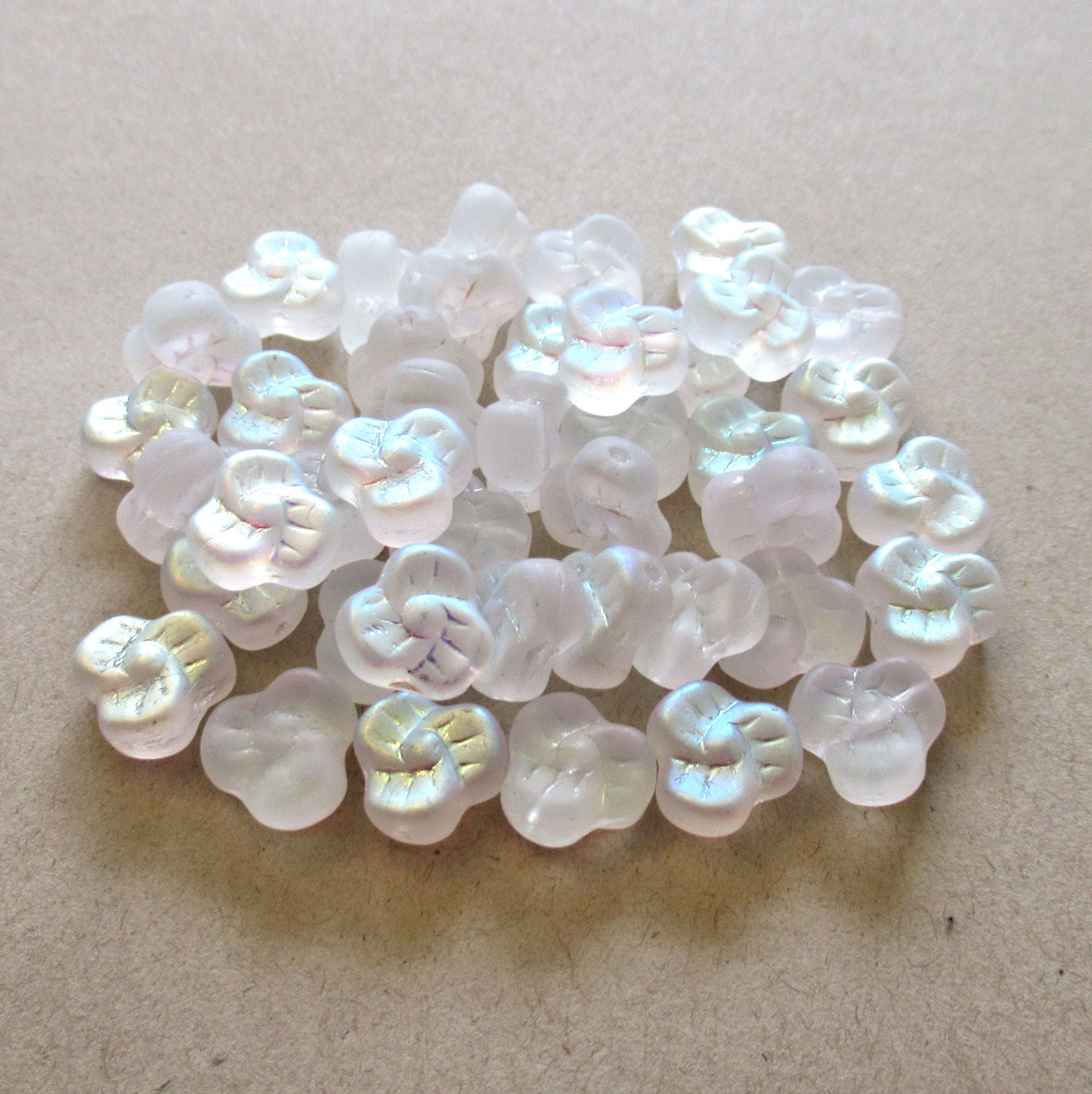 25 9mm Czech glass pansy beads - matte frosted crystal or white ab flower beads - C0067