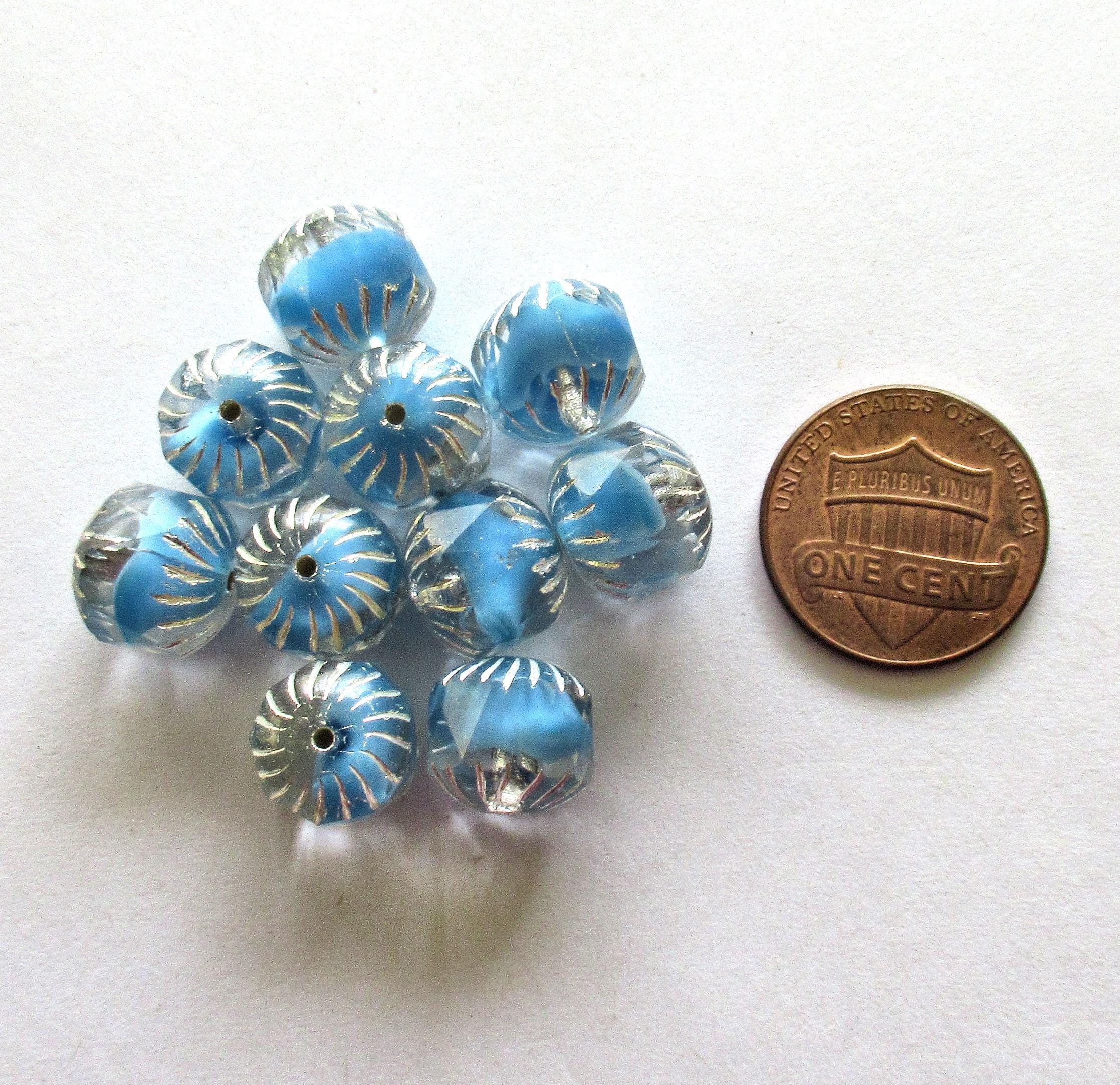 Ten Czech glass faceted carved cruller beads - 10mm - sky blue silk and crystal clear mix - cathedral beads w/ silver accents - 00024