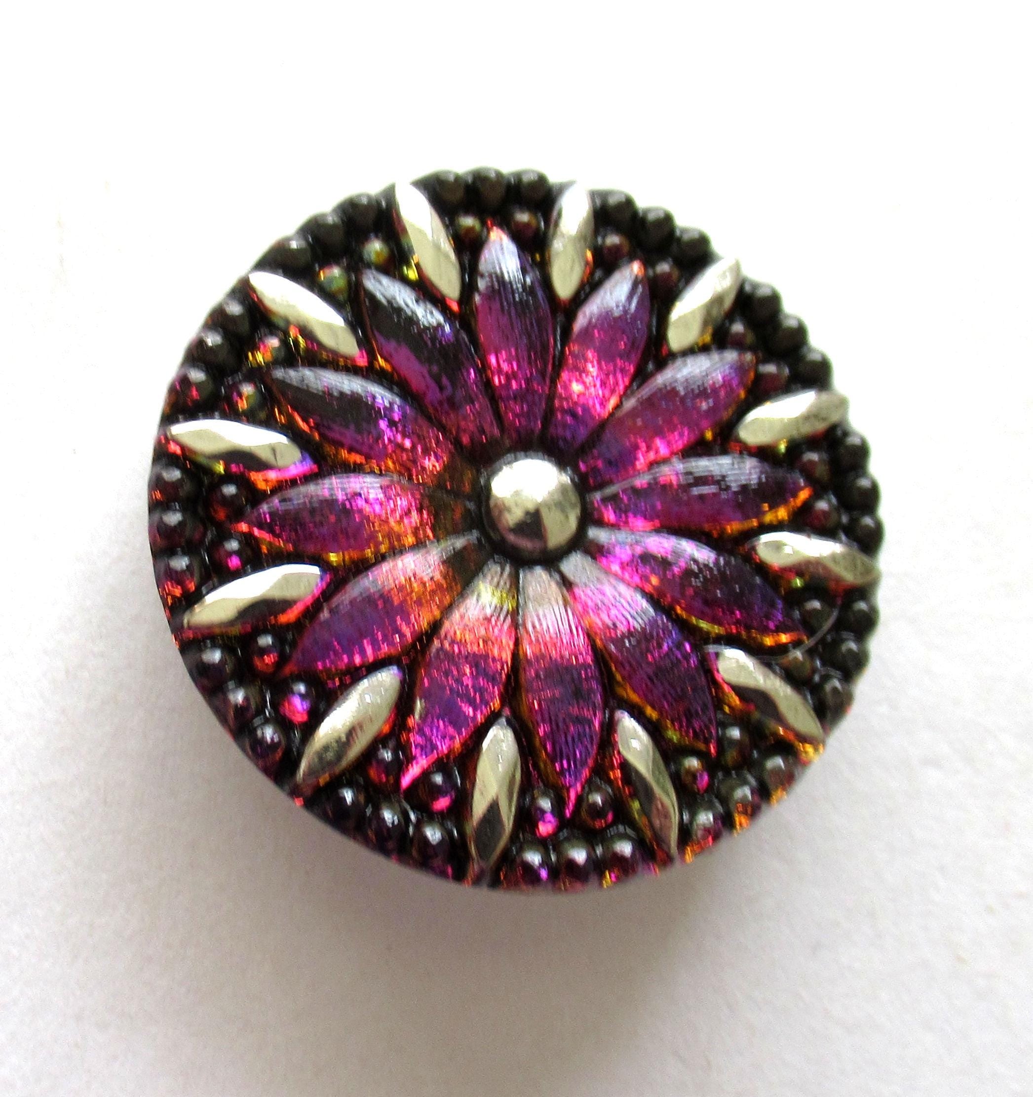 One large Czech glass flower button - iridescent purple pink & orange button with silver accents - 31mm - decorative shank button - 00004