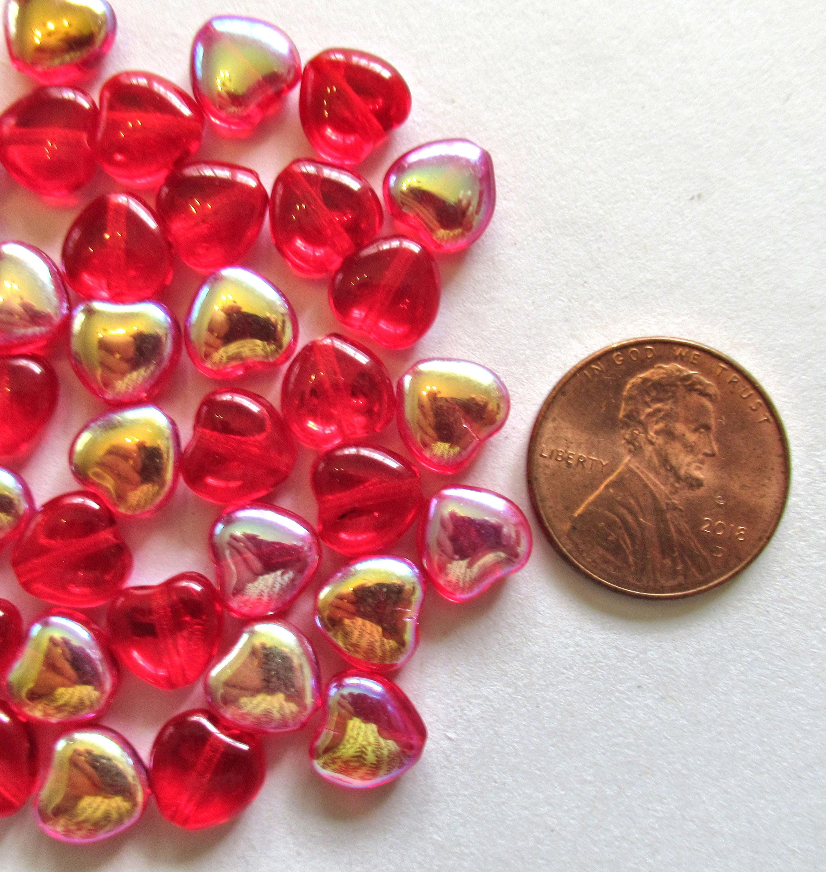 Lot of 25 8mm Czech glass heart beads - transparent red ab heart shaped beads - C00601