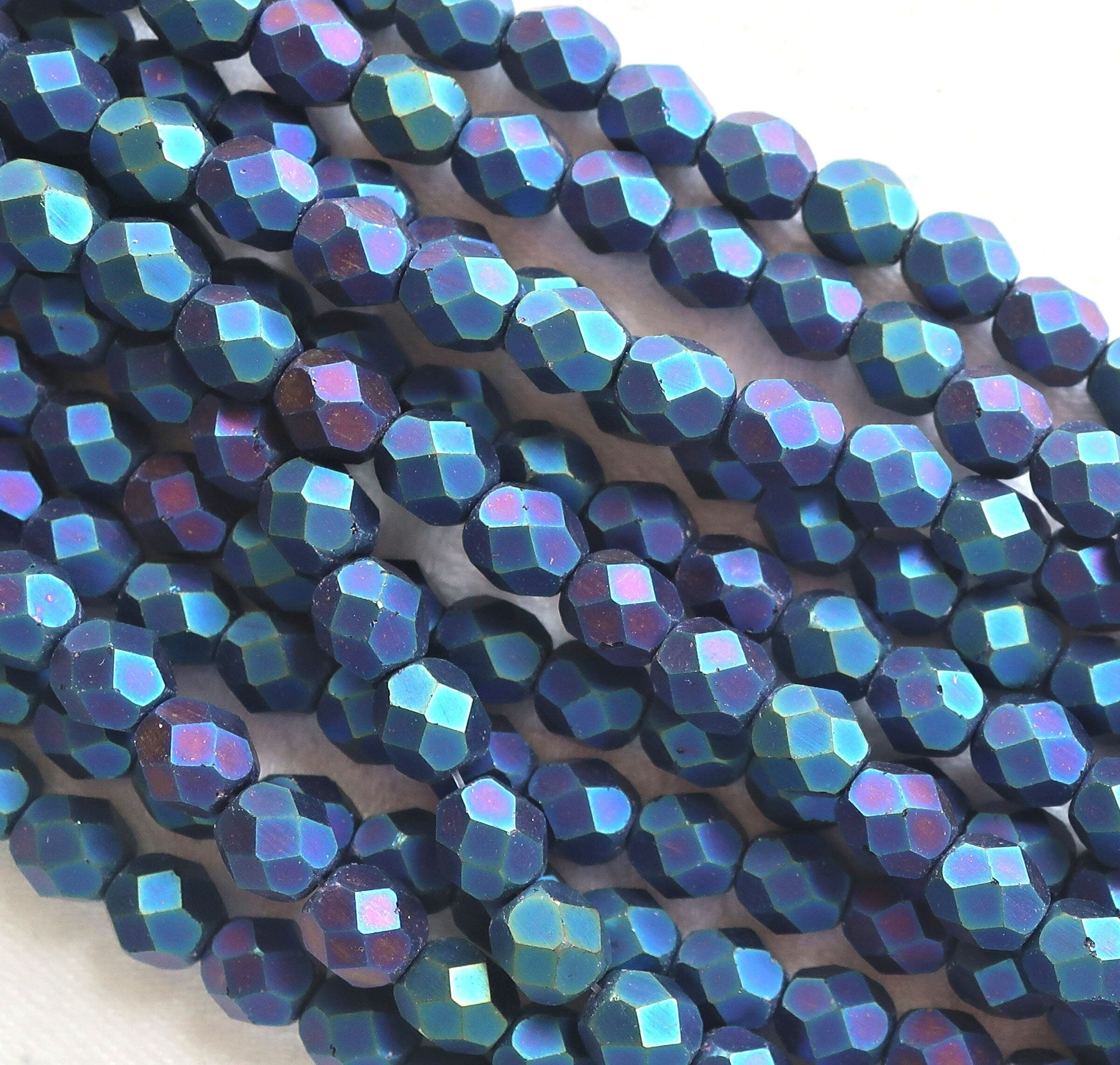 Lot of 25 6mm Matte Blue Iris Czech glass beads, fire polished, faceted round beads C1501