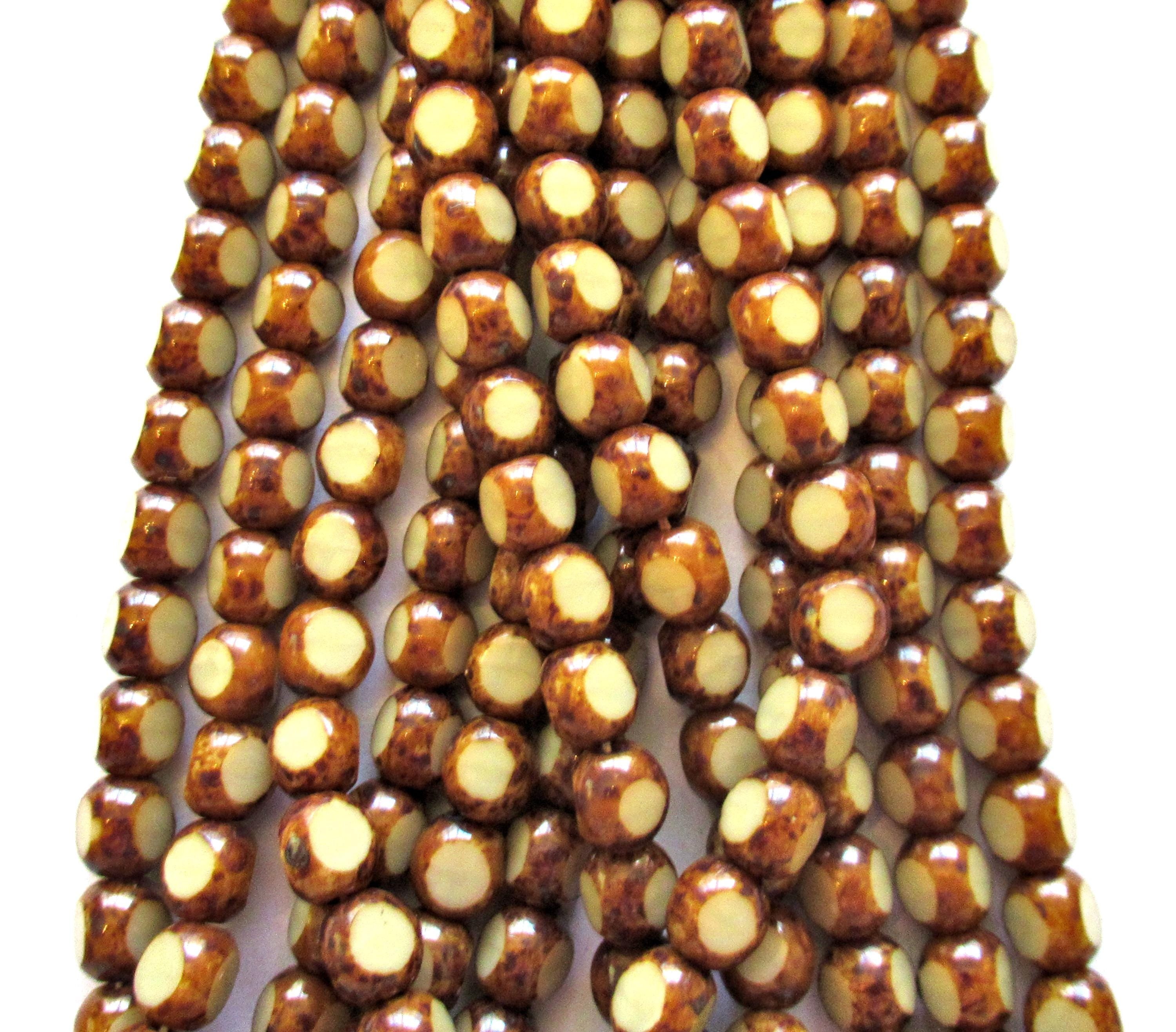 25 Czech glass tri-cut round beads - 6mm - off white or beige picasso beads - table cut rustic earthy window beads C0097