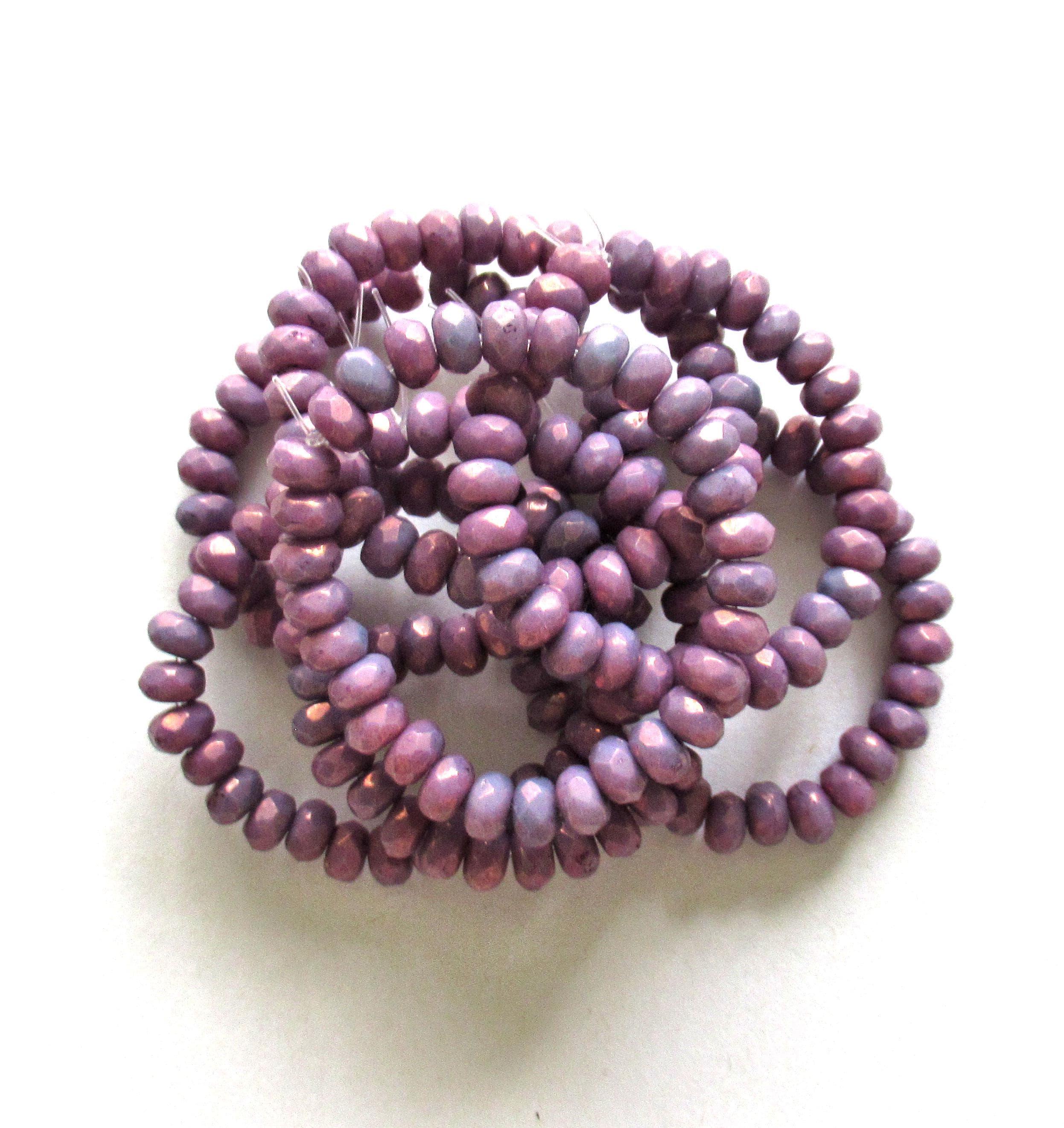 30 small Czech glass puffy rondelle beads - opaque purple luster - 3mm x 5mm - faceted rondelles - C00251