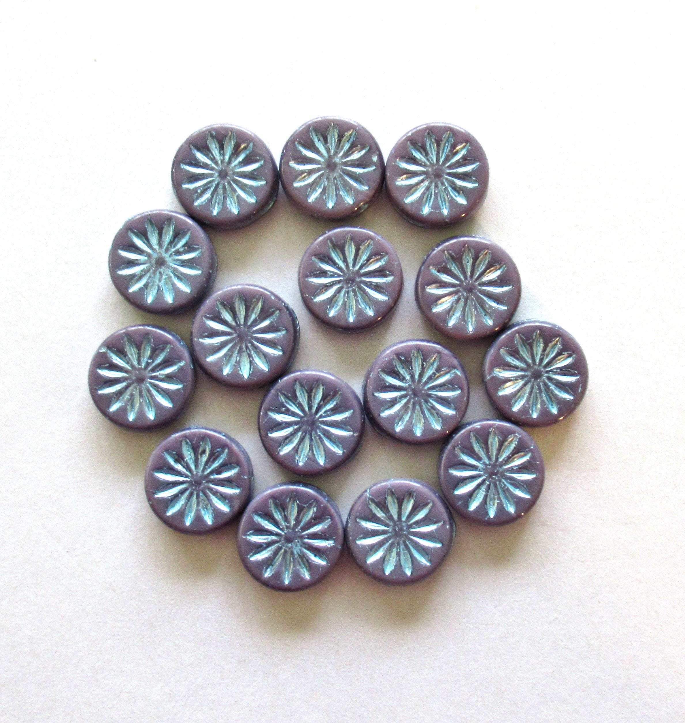 6 Czech glass coin beads - 12mm opaque purple Aster flower disc beads with a metallic blue wash - flat round beads - 00621
