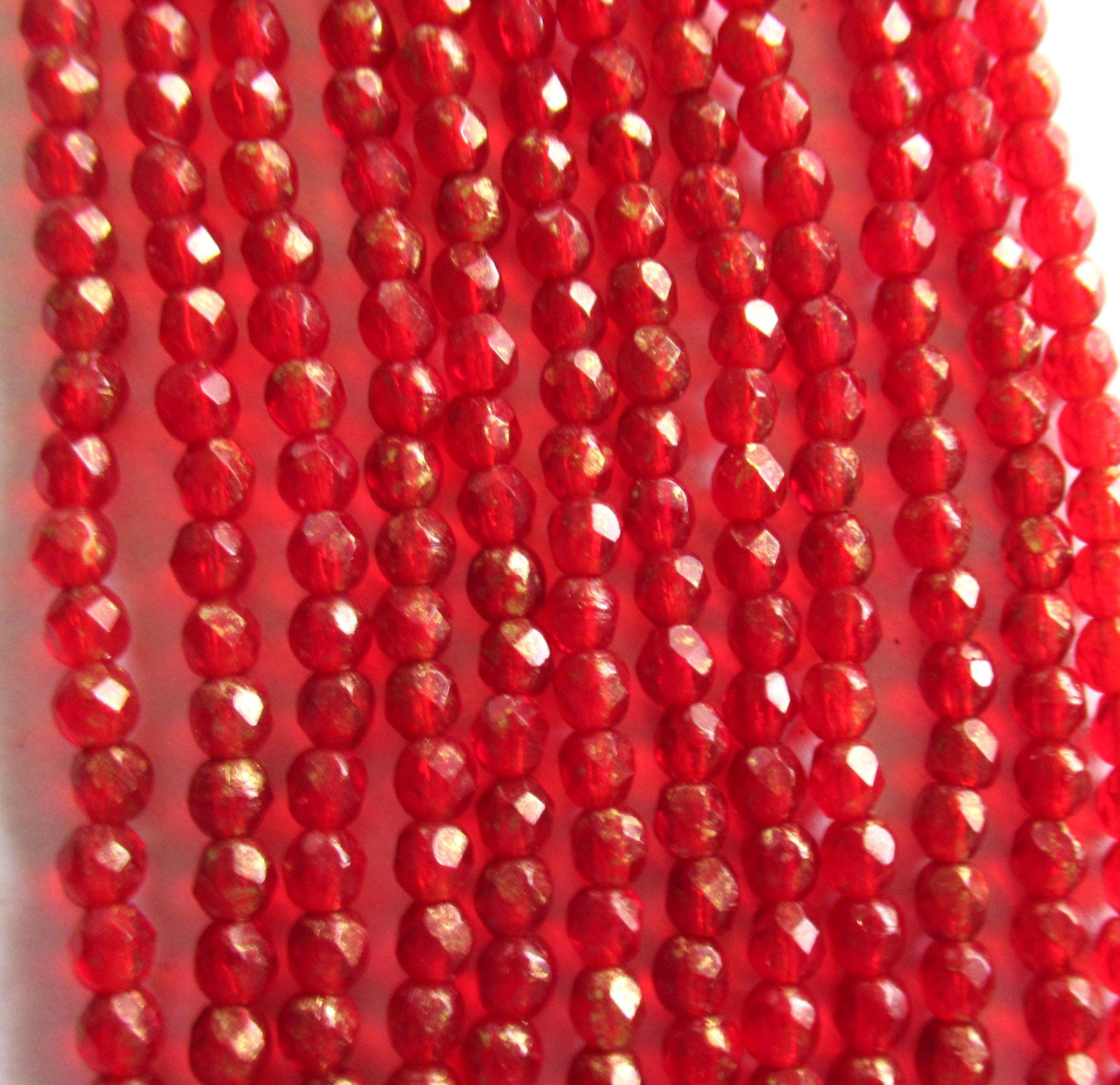 Lot of 50 3mm faceted Czech glass beads - Gold Marbled Siam Ruby Red - fire polished faceted round beads - C0094
