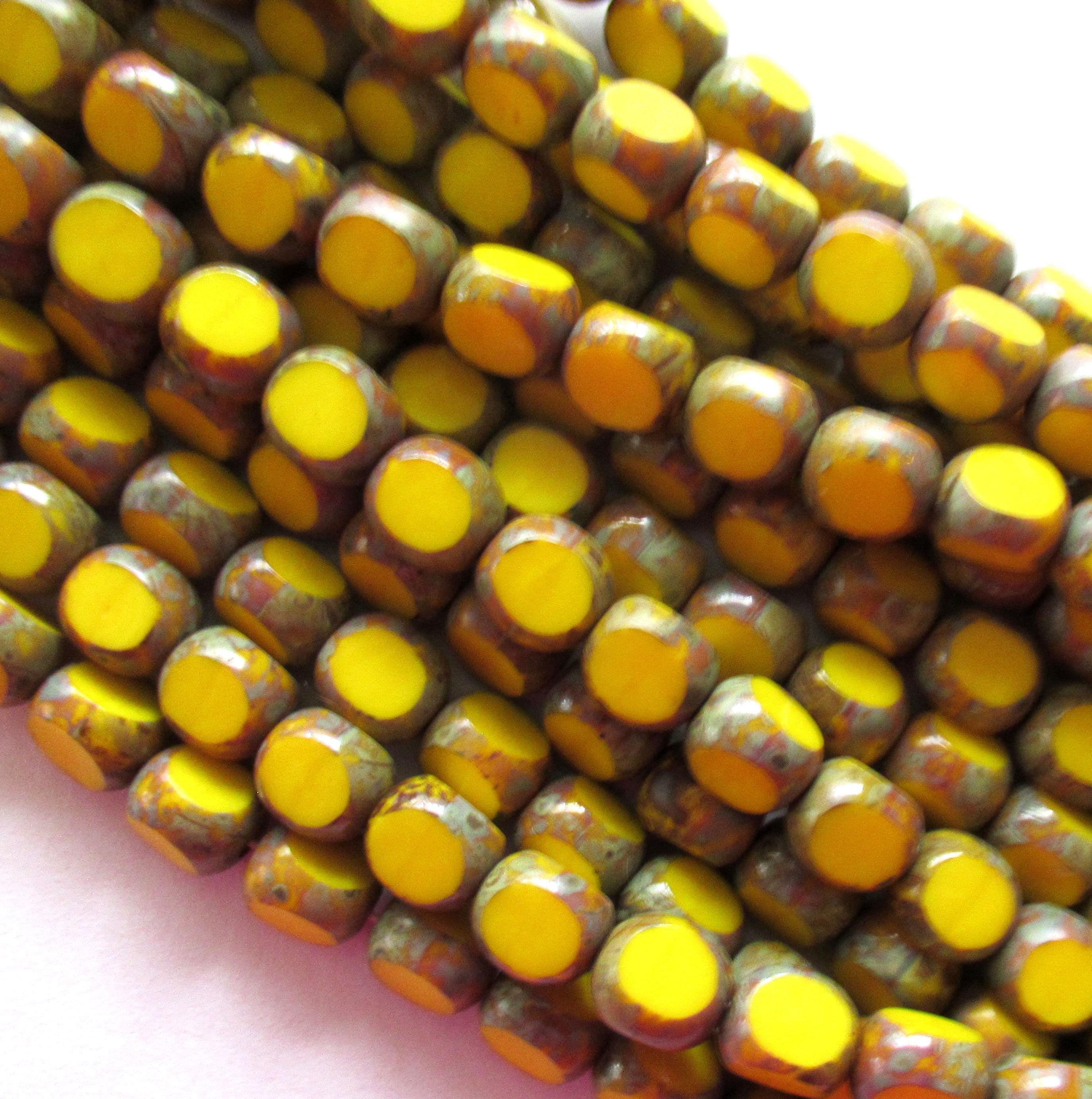Lot of 25 Czech glass Tri-cut - Round beads - 8mm - opaque yellow picasso - faceted table cut rustic earthy window beads C0099