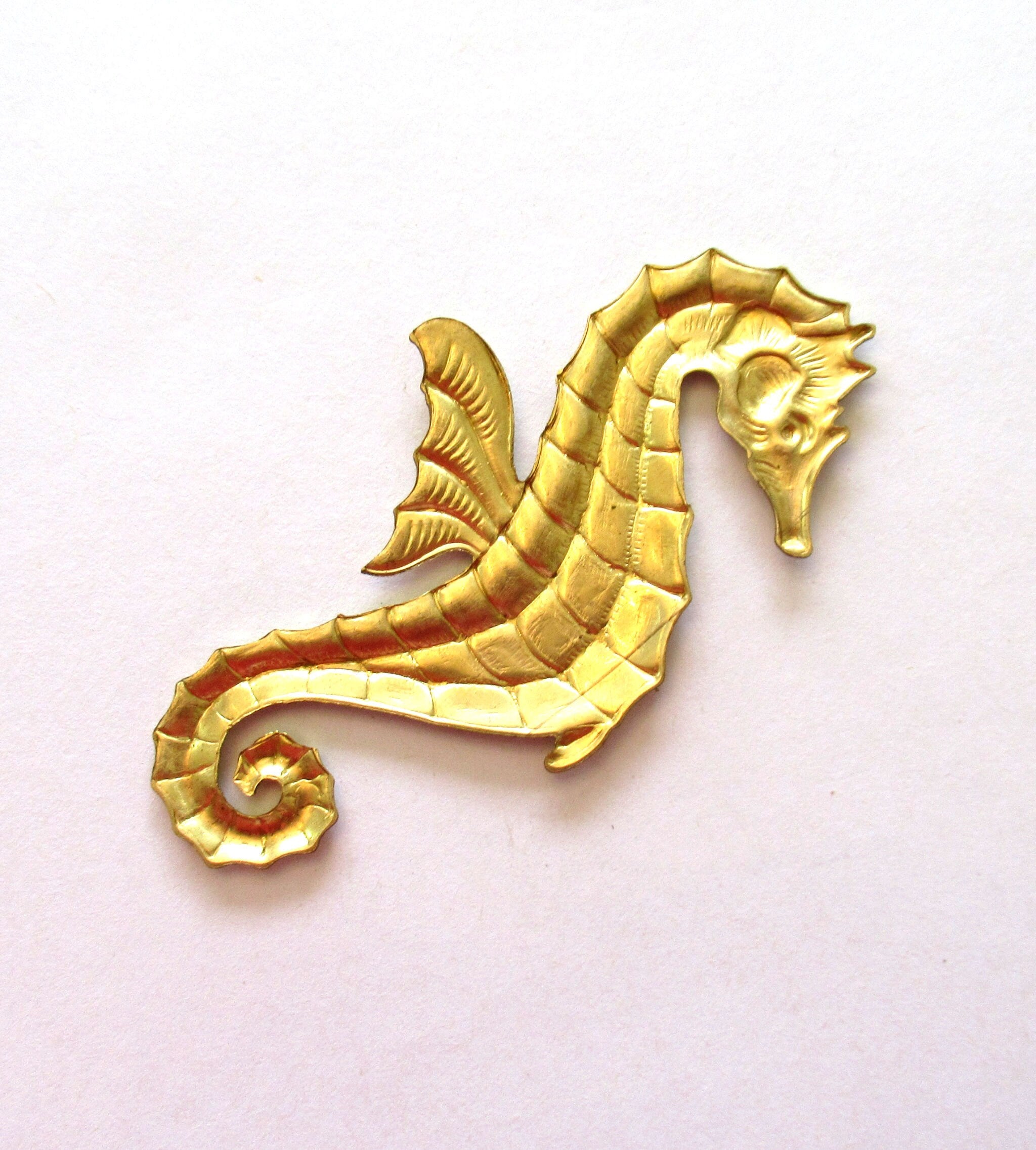 1 raw brass stamping - stylized nautical seahorse - ornament - pendant - charm - connector - 3"inches - USA made C0028