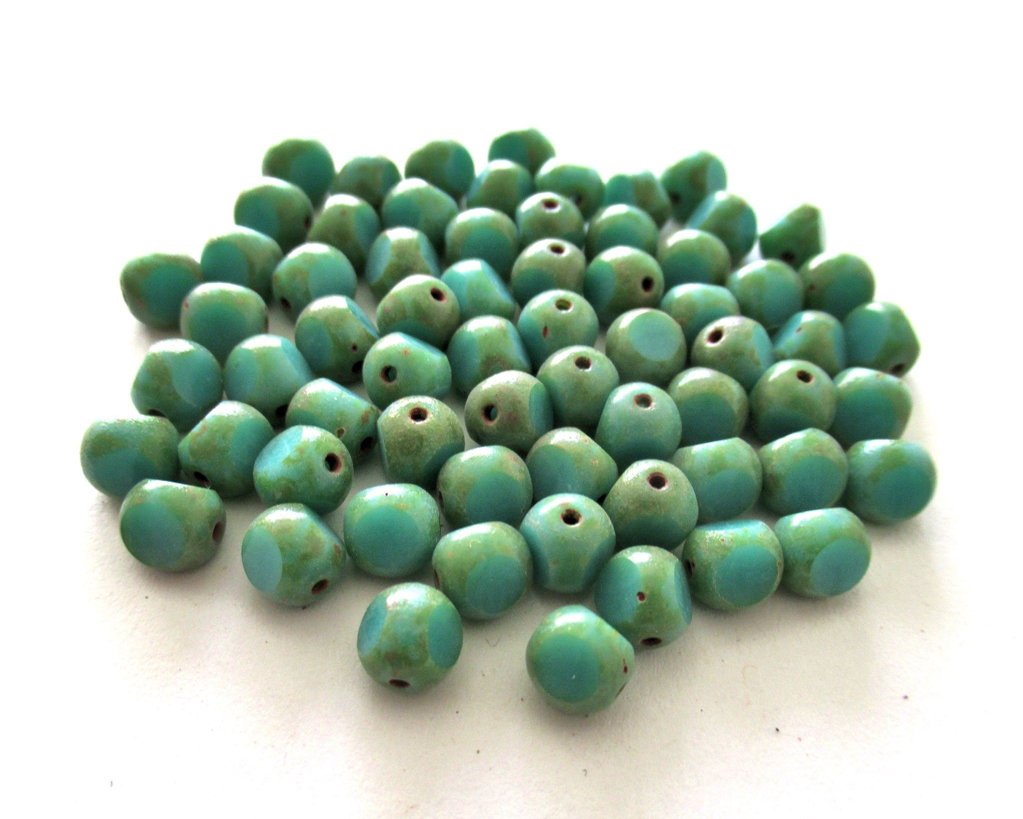 Strand of 40 tri-cut 6mm round Czech glass beads - opaque turquoise green picasso - table cut rustic earthy beads C00031