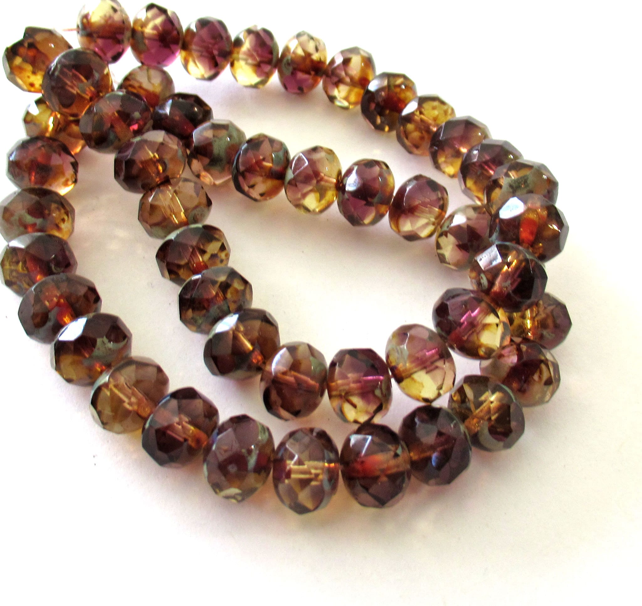 Lot of 25 Czech glass puffy rondelle beads - 6 x 8mm amethyst / purple & champagne picasso color mix faceted rondelles C00072